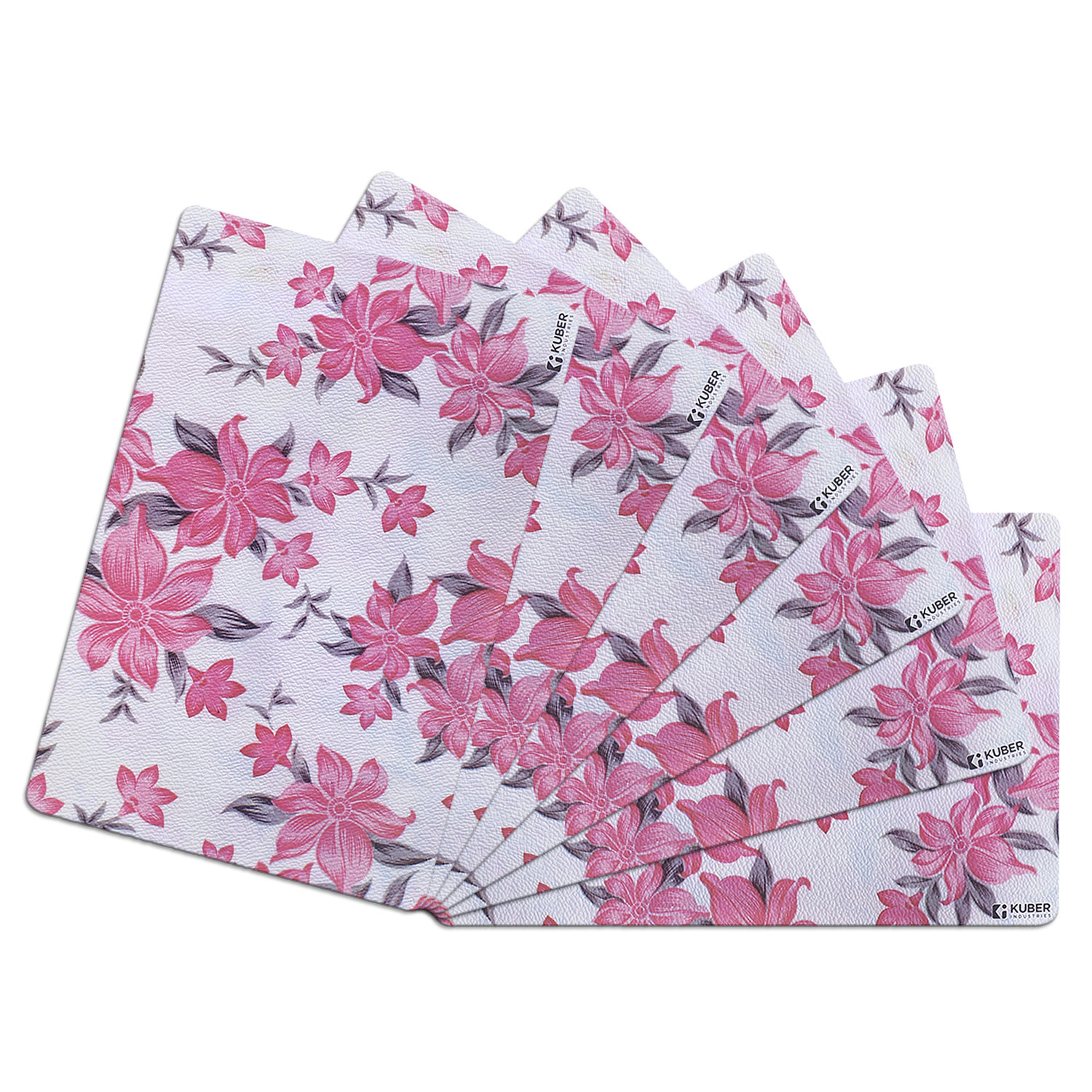 Kuber Industries Fridge Mats | PVC Cream & Pink Flower Print | Fridge Mat for Refrigerator | Fridge Placemats for Kitchen | Set of 6 | Multicolor