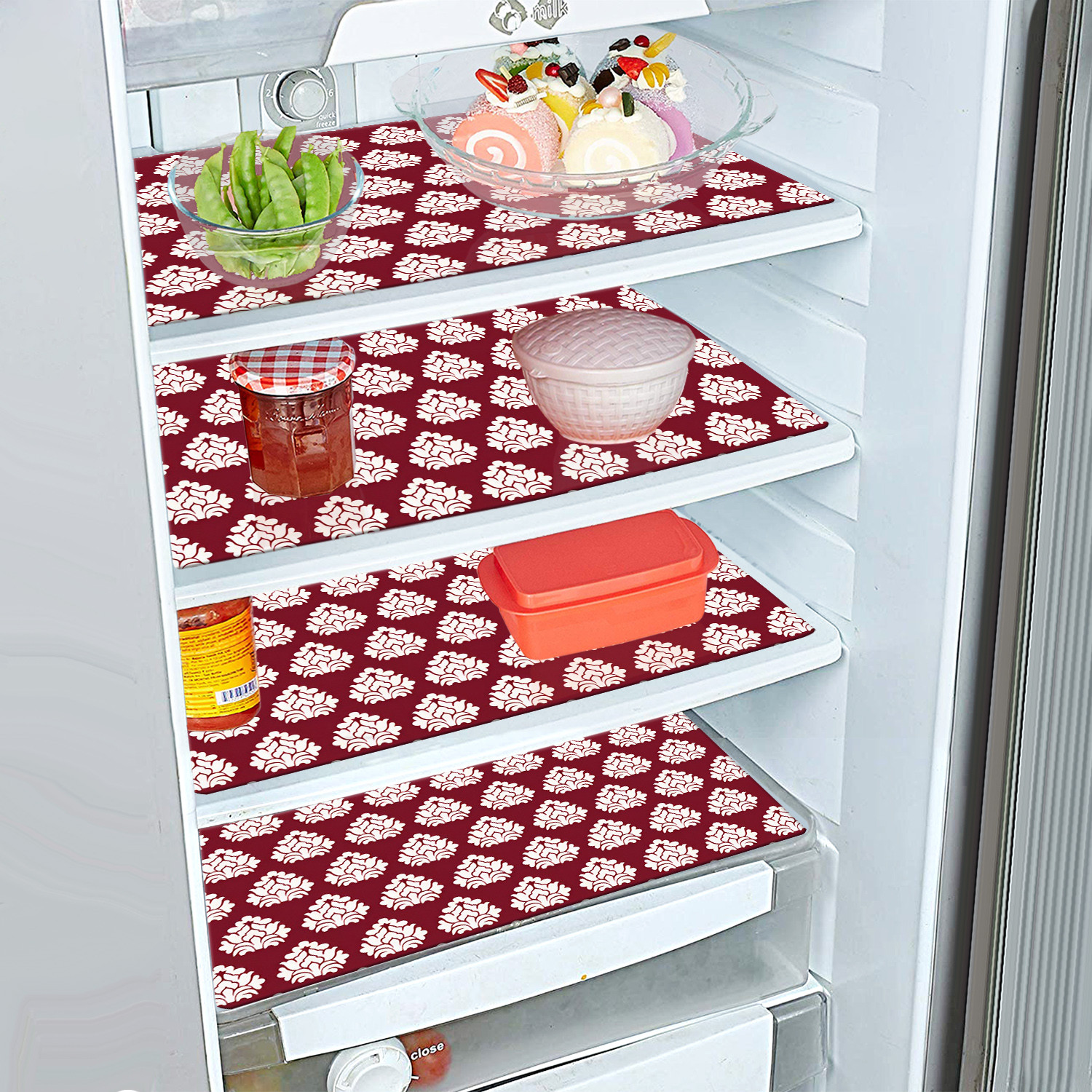 Kuber Industries Fridge Mats | PVC Maroon Square Print | Fridge Mat for Refrigerator | Fridge Placemats for Kitchen | Set of 6 | Maroon