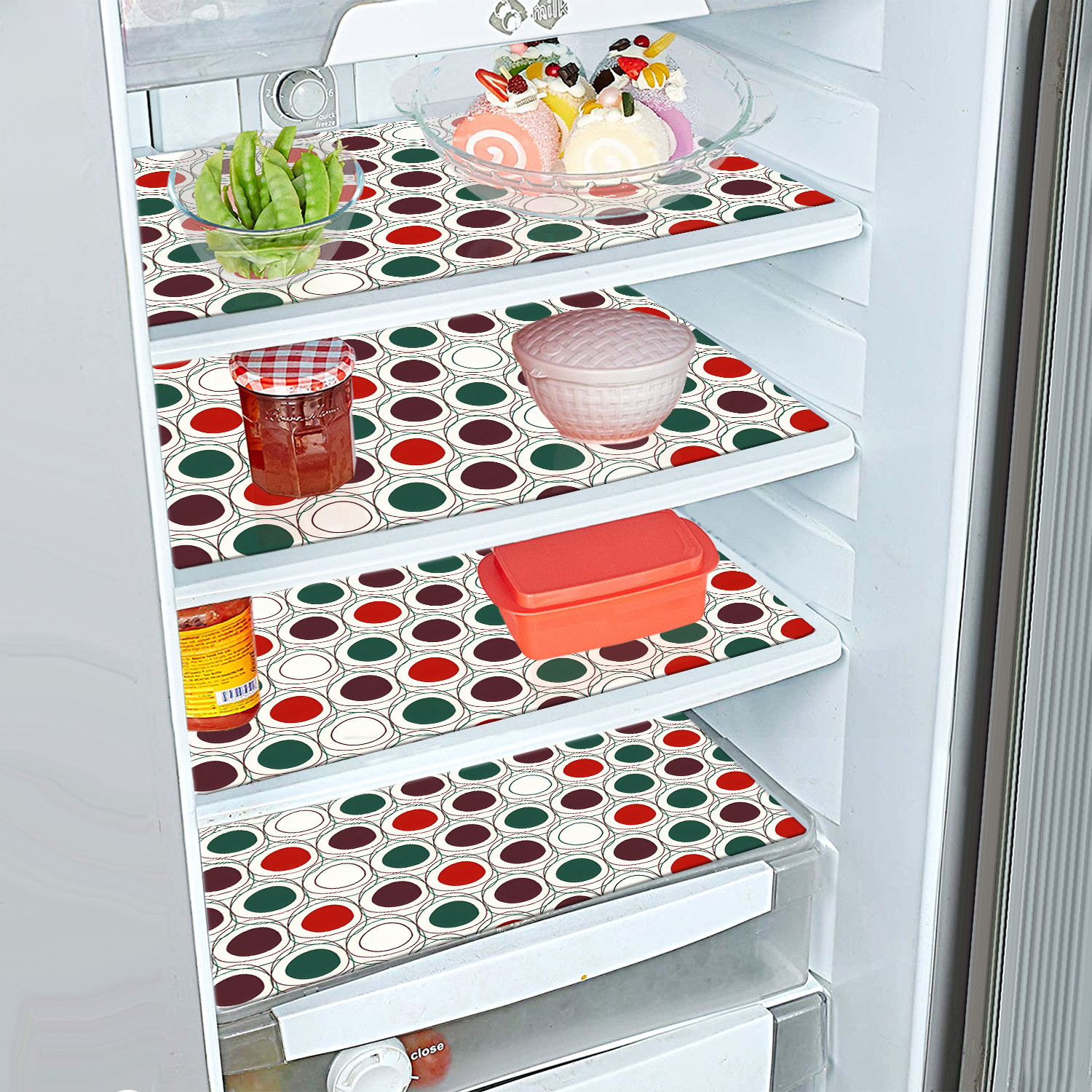 Kuber Industries Fridge Mats | PVC Multi Dot Print | Fridge Mat for Refrigerator | Fridge Placemats for Kitchen | Set of 6 | Multicolor