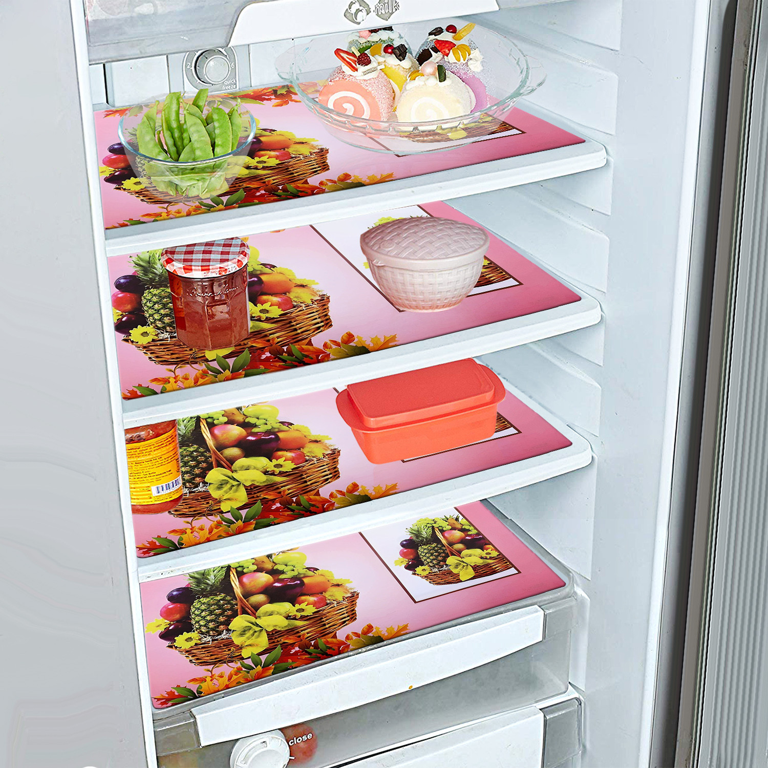 Kuber Industries Fridge Mats | PVC Pink Fruit Basket Print | Fridge Mat for Refrigerator | Fridge Placemats for Kitchen | Set of 6 | Pink