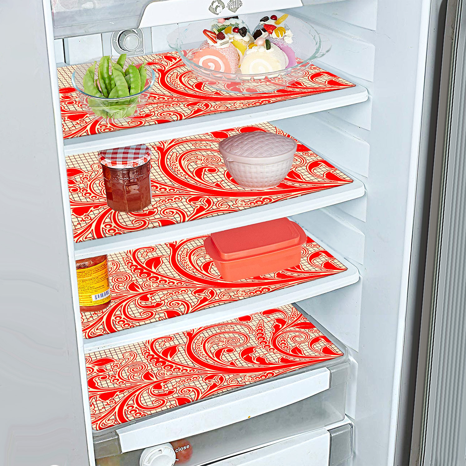 Kuber Industries Fridge Mats | PVC Red Leaf Print | Fridge Mat for Refrigerator | Fridge Placemats for Kitchen | Set of 6 | Red