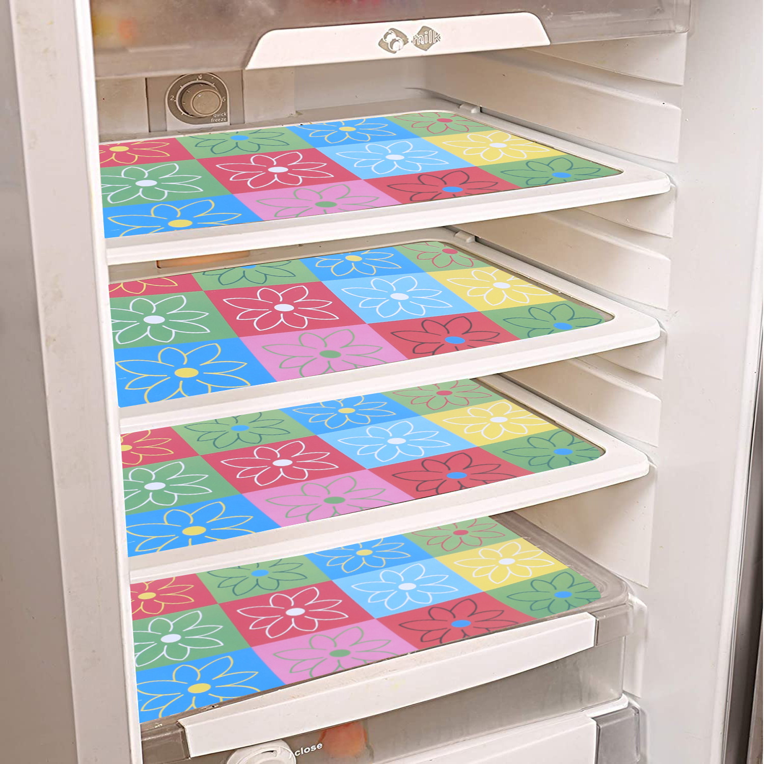 Kuber Industries Fridge Mats | PVC Yellow Check Flower Print | Fridge Mat for Refrigerator | Fridge Placemats for Kitchen | Set of 6 | Multicolor
