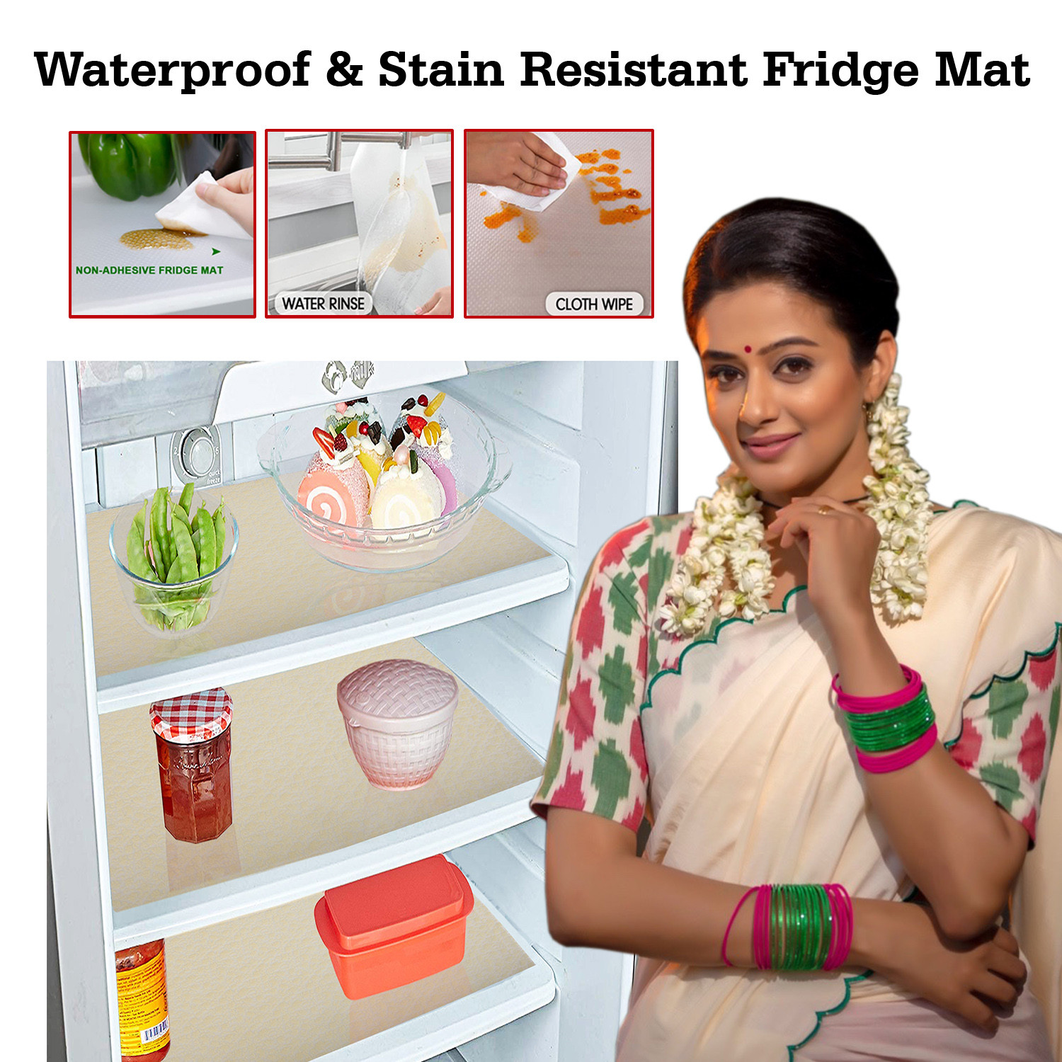 Kuber Industries Fridge Mats|PVC Floral Embossed Refrigerator Drawer Mat|Waterproof & Stain Resistant Fridge Mat Perfect for Home & Kitchen|Set of 6 (Cream)