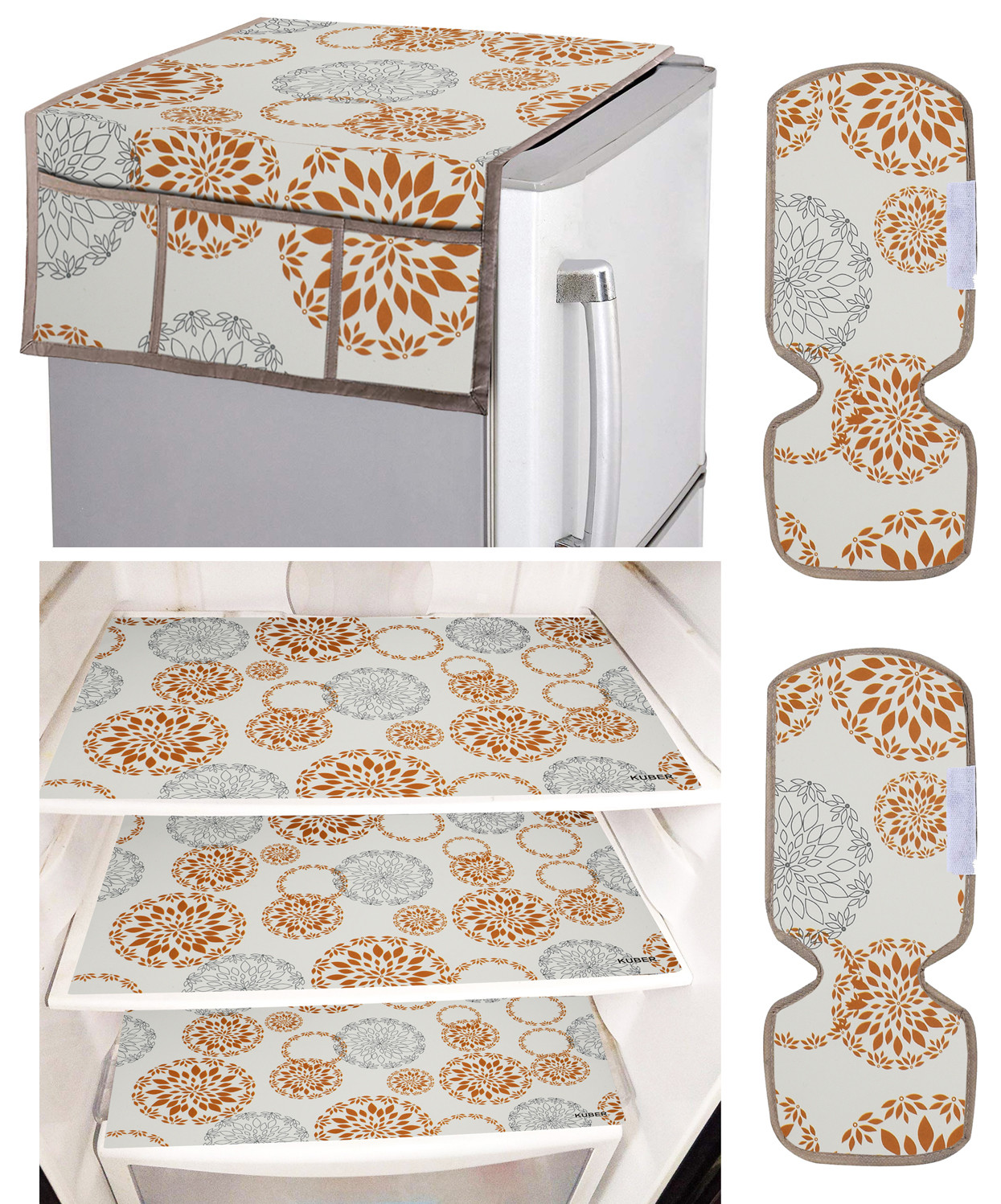 Kuber Industries Fridge Organiser Set, (3 pcs Fridge Mat, 2 pcs Fridge Handle Cover, 1 Fridge Top Cover), Rangoli, White