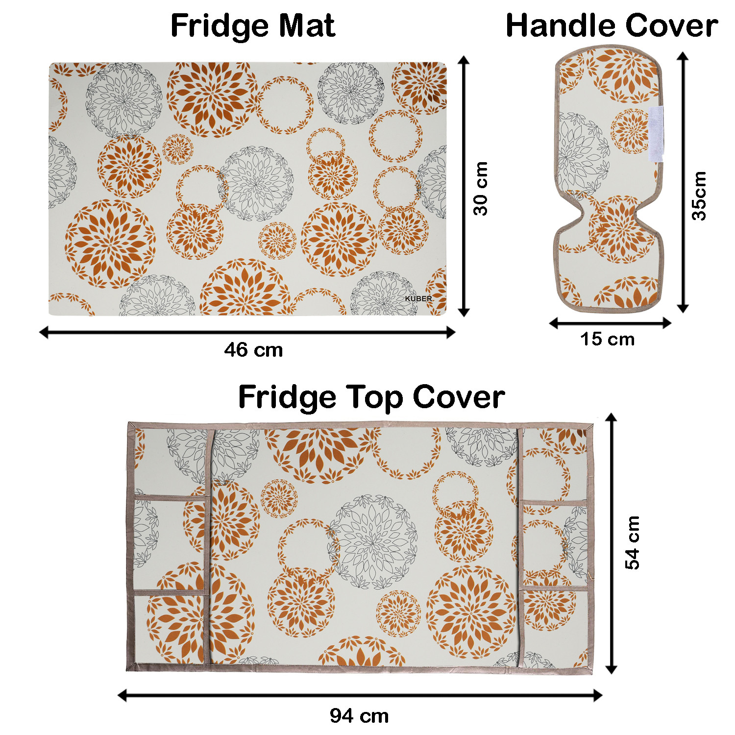 Kuber Industries Fridge Organiser Set, (3 pcs Fridge Mat, 2 pcs Fridge Handle Cover, 1 Fridge Top Cover), Rangoli, White