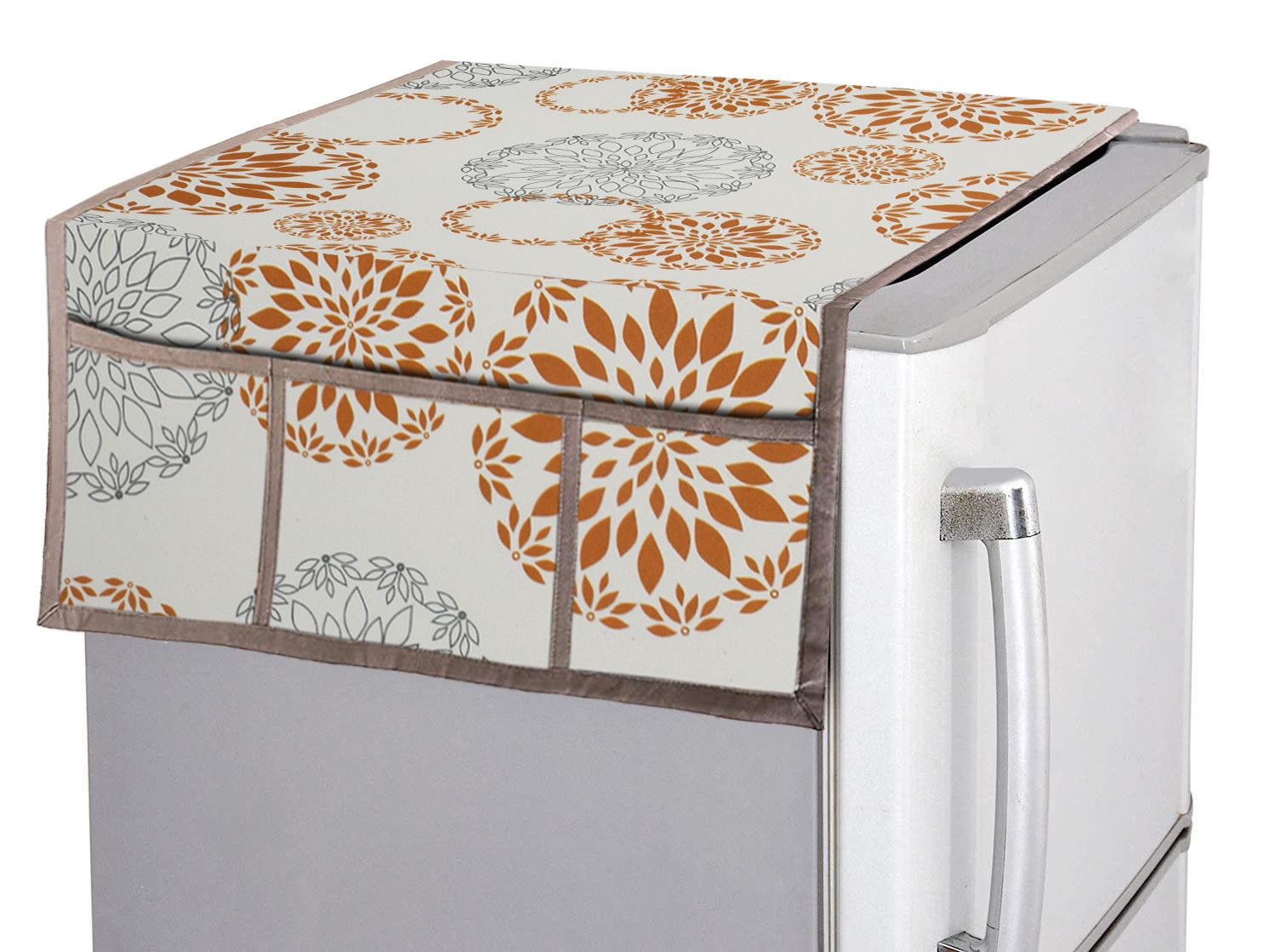 Kuber Industries Fridge Organiser Set, (3 pcs Fridge Mat, 2 pcs Fridge Handle Cover, 1 Fridge Top Cover), Rangoli, White