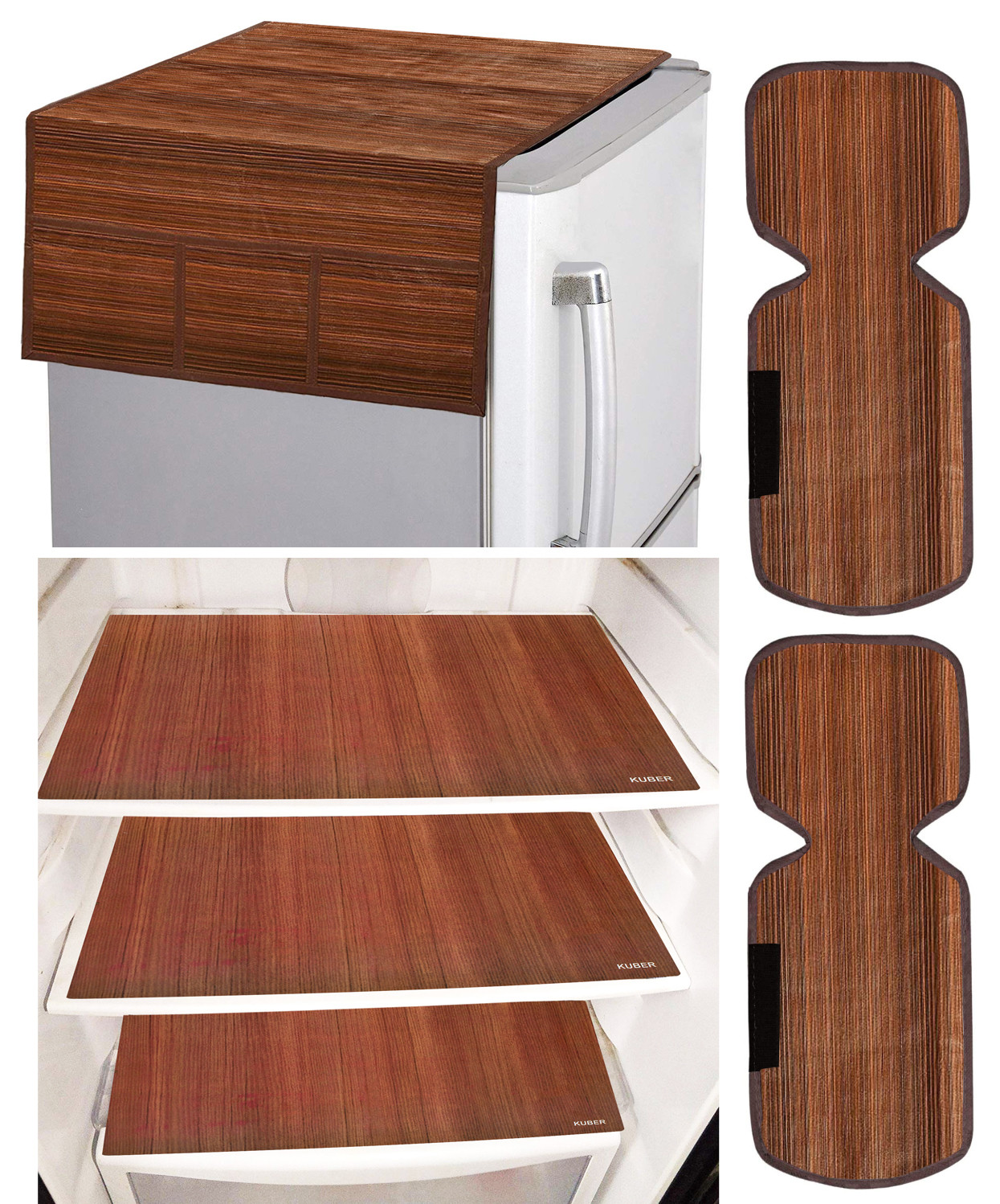 Kuber Industries Fridge Organiser Set, (3 pcs Fridge Mat, 2 pcs Fridge Handle Cover, 1 Fridge Top Cover), Lining, Brown