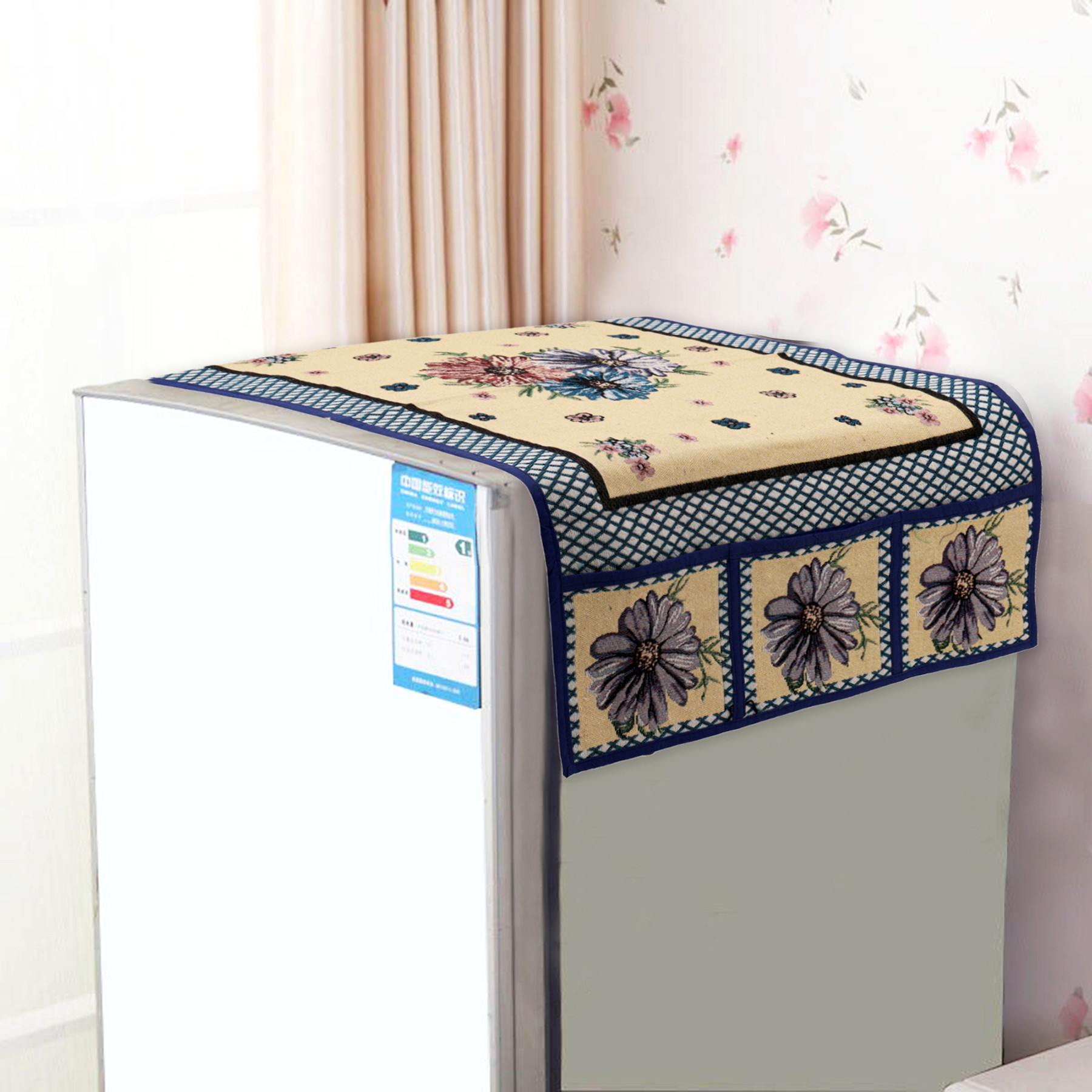 Kuber Industries Fridge Top Cover | Cotton Fridge Cover Top with Pockets | Blue Flower Fridge Cover for Kitchen | Fridge Top Cover with 6 Utility Pockets | Cream