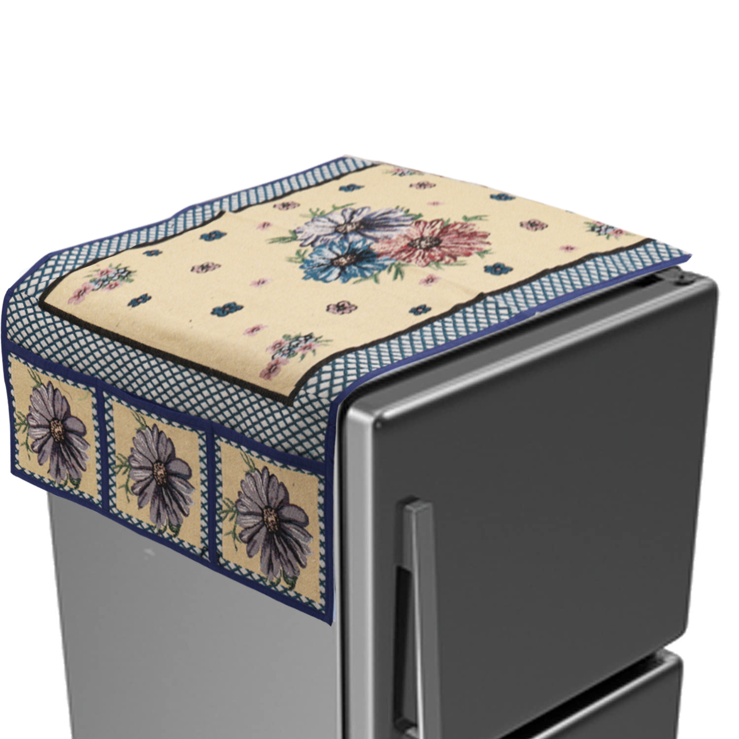 Kuber Industries Fridge Top Cover | Cotton Fridge Cover Top with Pockets | Blue Flower Fridge Cover for Kitchen | Fridge Top Cover with 6 Utility Pockets | Cream