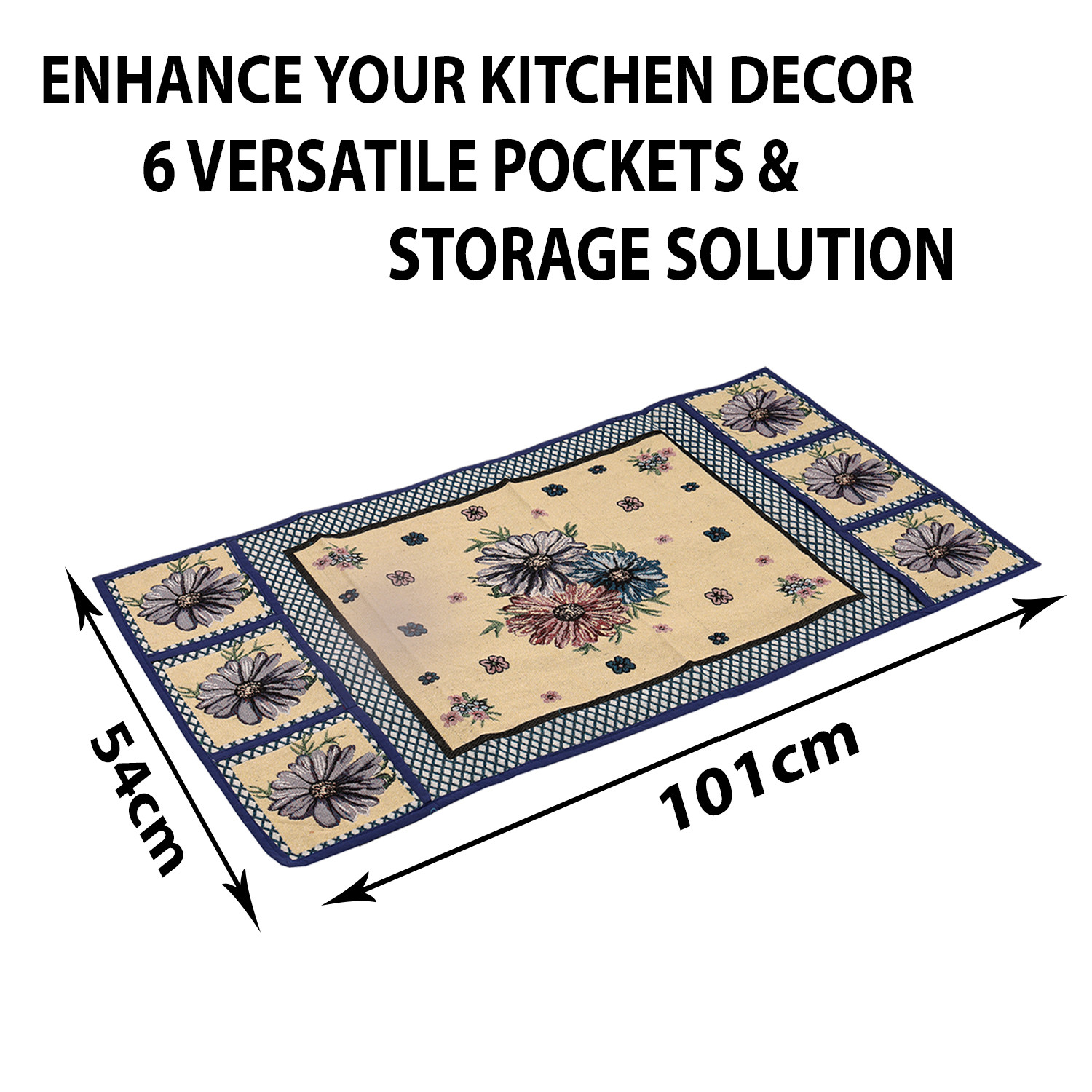 Kuber Industries Fridge Top Cover | Cotton Fridge Cover Top with Pockets | Blue Flower Fridge Cover for Kitchen | Fridge Top Cover with 6 Utility Pockets | Cream