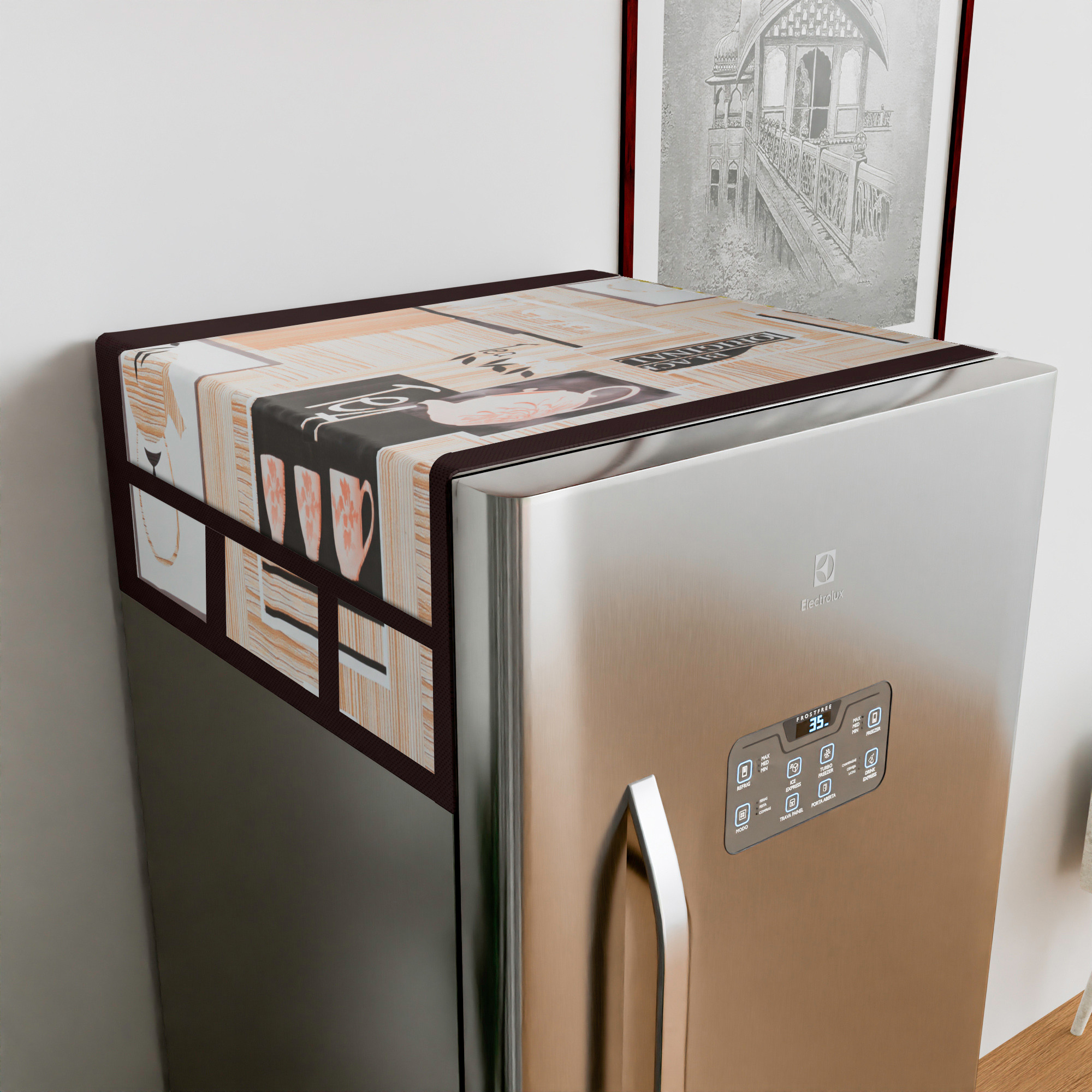 Kuber Industries Fridge Top Cover  Fridge Top Cover with Pockets  Refrigerator Cover for Kitchen  Reversable Fridge Top Cover with 6 Utility Pockets  Kettle-Design Fridge Cover  Brown