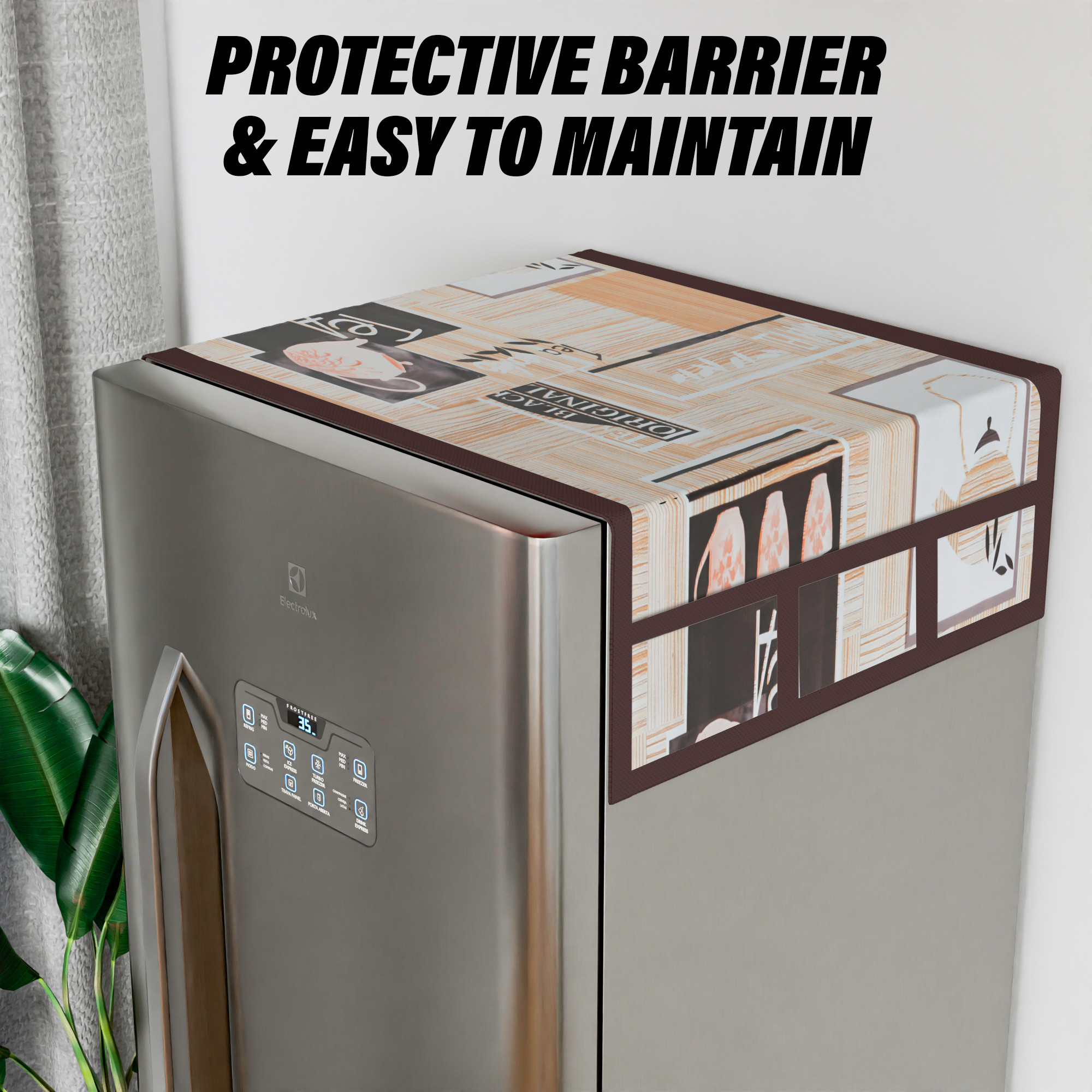 Kuber Industries Fridge Top Cover  Fridge Top Cover with Pockets  Refrigerator Cover for Kitchen  Reversable Fridge Top Cover with 6 Utility Pockets  Kettle-Design Fridge Cover  Brown