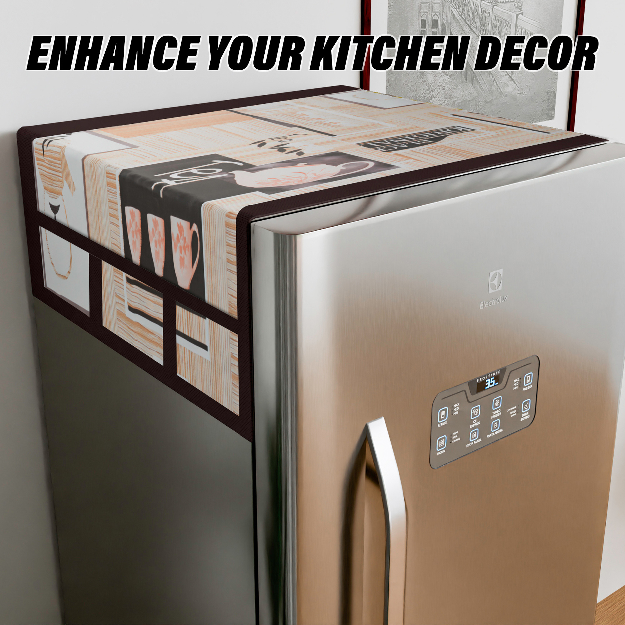 Kuber Industries Fridge Top Cover  Fridge Top Cover with Pockets  Refrigerator Cover for Kitchen  Reversable Fridge Top Cover with 6 Utility Pockets  Kettle-Design Fridge Cover  Brown