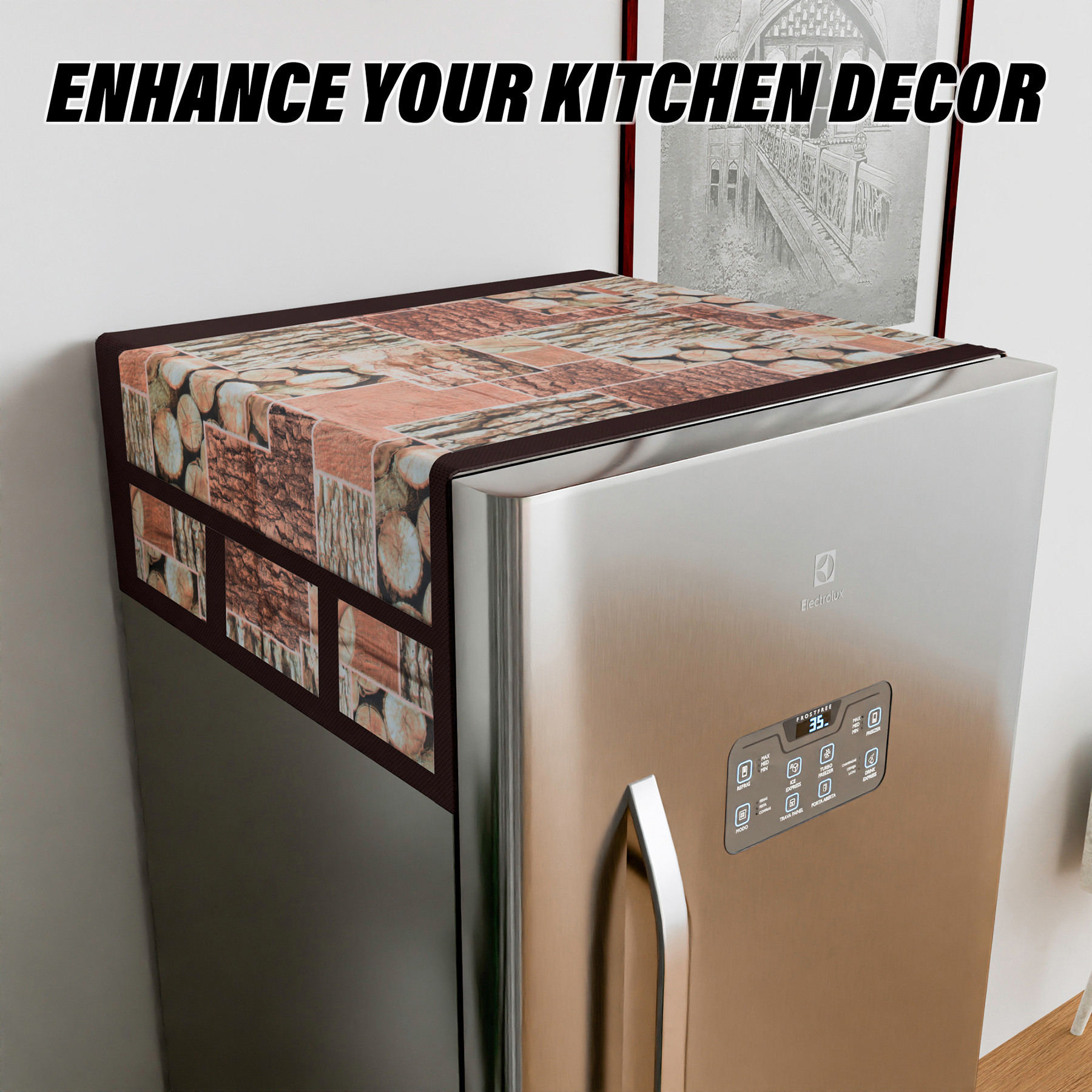 Kuber Industries Fridge Top Cover  Fridge Top Cover with Pockets  Refrigerator Cover for Kitchen  Reversable Fridge Top Cover with 6 Utility Pockets  Stone Fridge Cover  Brown