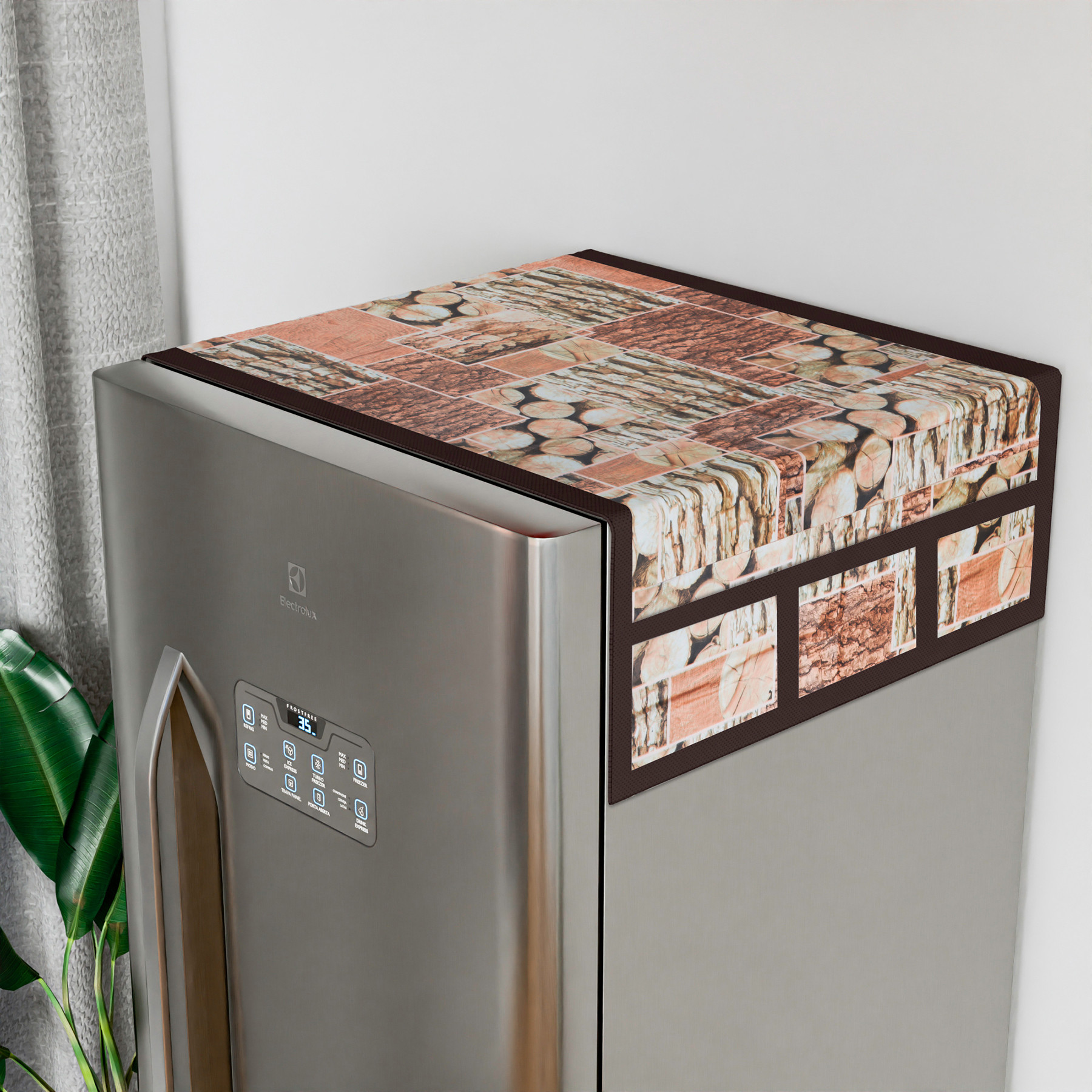 Kuber Industries Fridge Top Cover  Fridge Top Cover with Pockets  Refrigerator Cover for Kitchen  Reversable Fridge Top Cover with 6 Utility Pockets  Stone Fridge Cover  Brown