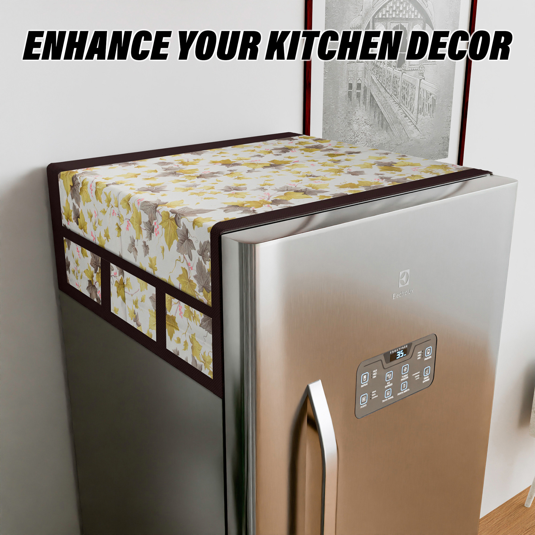 Kuber Industries Fridge Top Cover  Fridge Top Cover with Pockets  Refrigerator Cover for Kitchen  Reversable Fridge Top Cover with 6 Utility Pockets  Printed Fridge Cover  Green