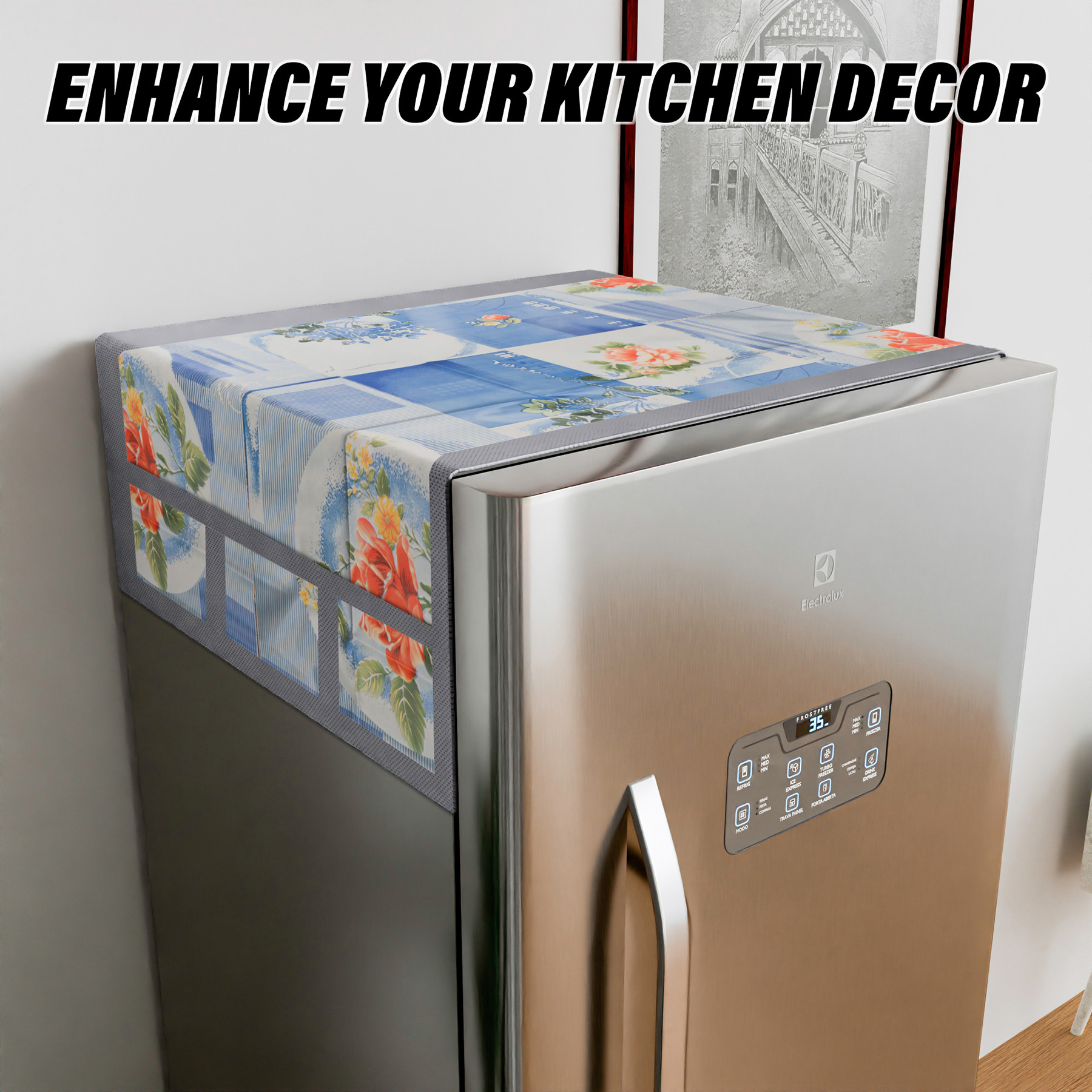 Kuber Industries Fridge Top Cover  Fridge Top Cover with Pockets  Refrigerator Cover for Kitchen  Reversable Fridge Top Cover with 6 Utility Pockets  Flower Check Fridge Cover  Blue