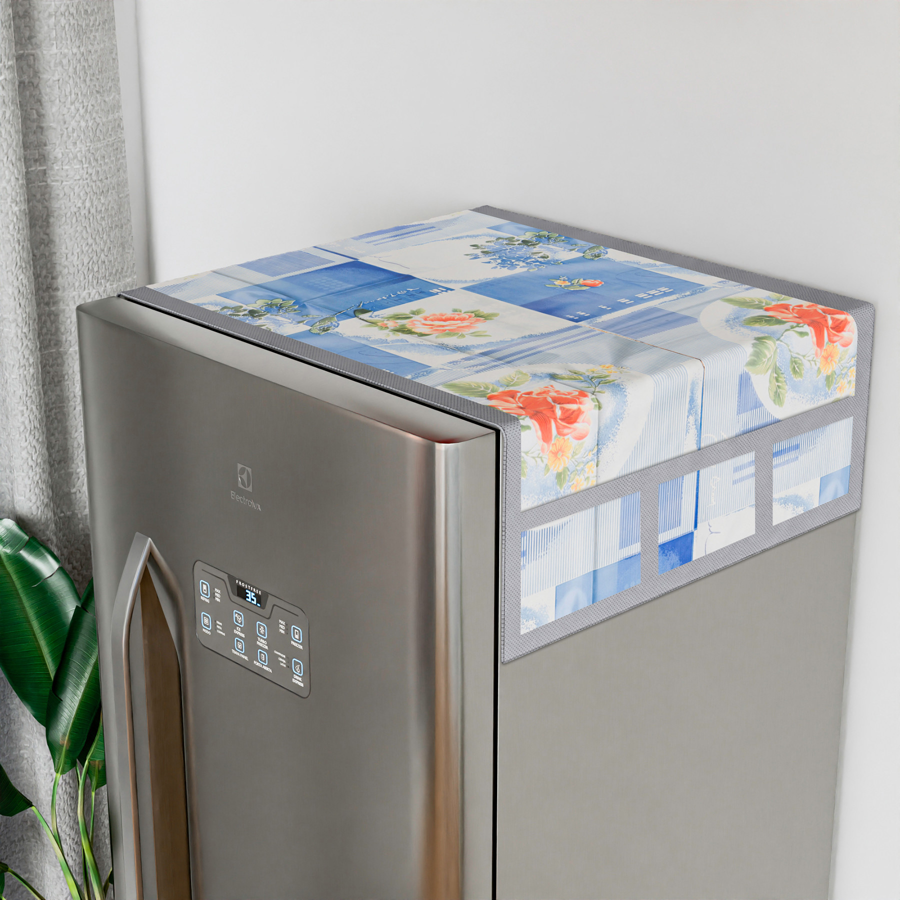 Kuber Industries Fridge Top Cover  Fridge Top Cover with Pockets  Refrigerator Cover for Kitchen  Reversable Fridge Top Cover with 6 Utility Pockets  Flower Check Fridge Cover  Blue