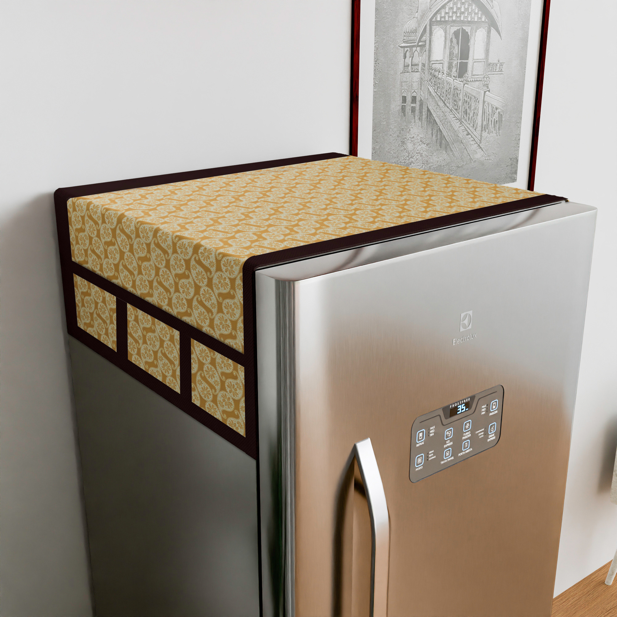 Kuber Industries Fridge Top Cover  Fridge Top Cover with Pockets  Refrigerator Top Cover for Kitchen  Fridge Top Cover with 6 Utility Pockets  Carry Fridge Cover  Golden