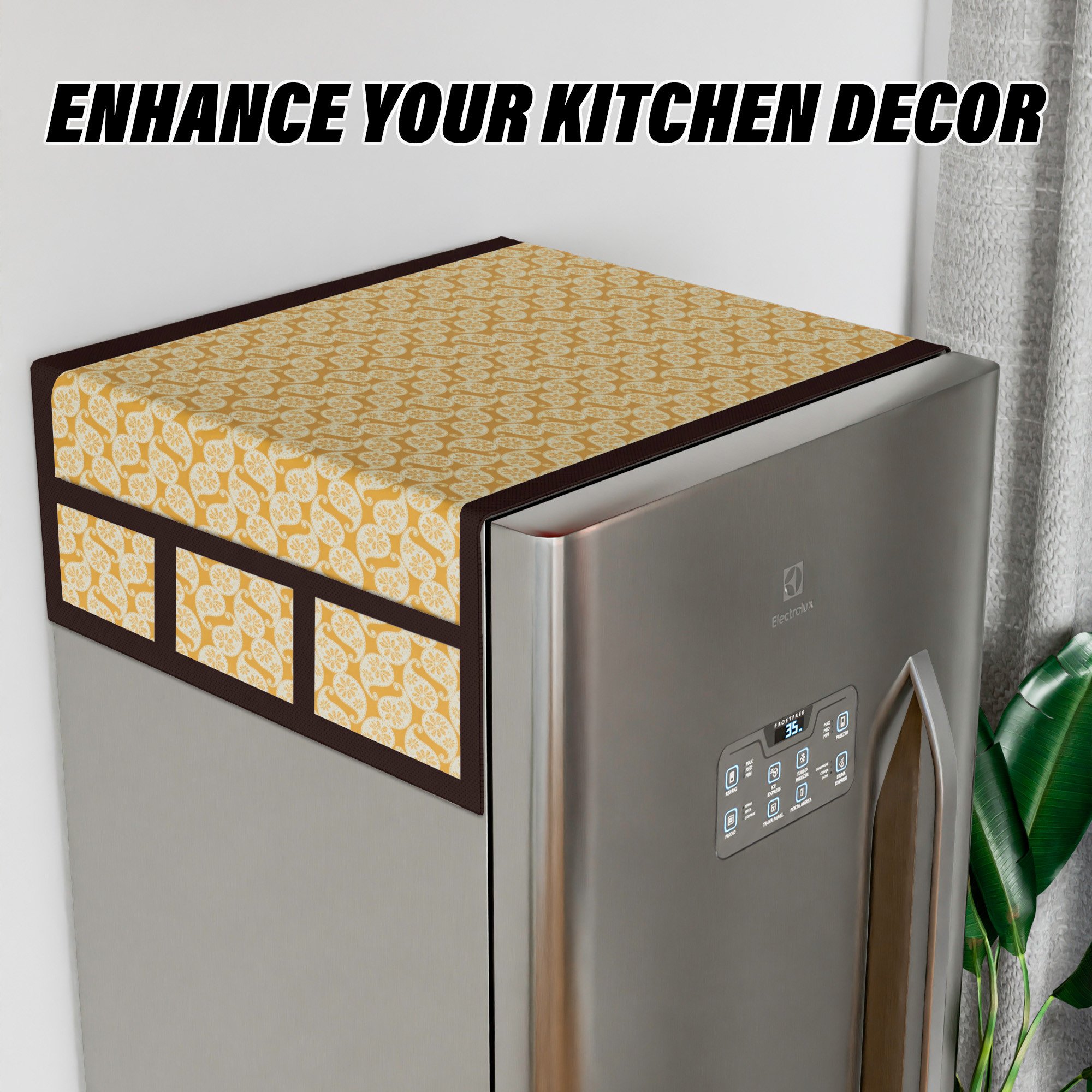 Kuber Industries Fridge Top Cover  Fridge Top Cover with Pockets  Refrigerator Top Cover for Kitchen  Fridge Top Cover with 6 Utility Pockets  Carry Fridge Cover  Golden