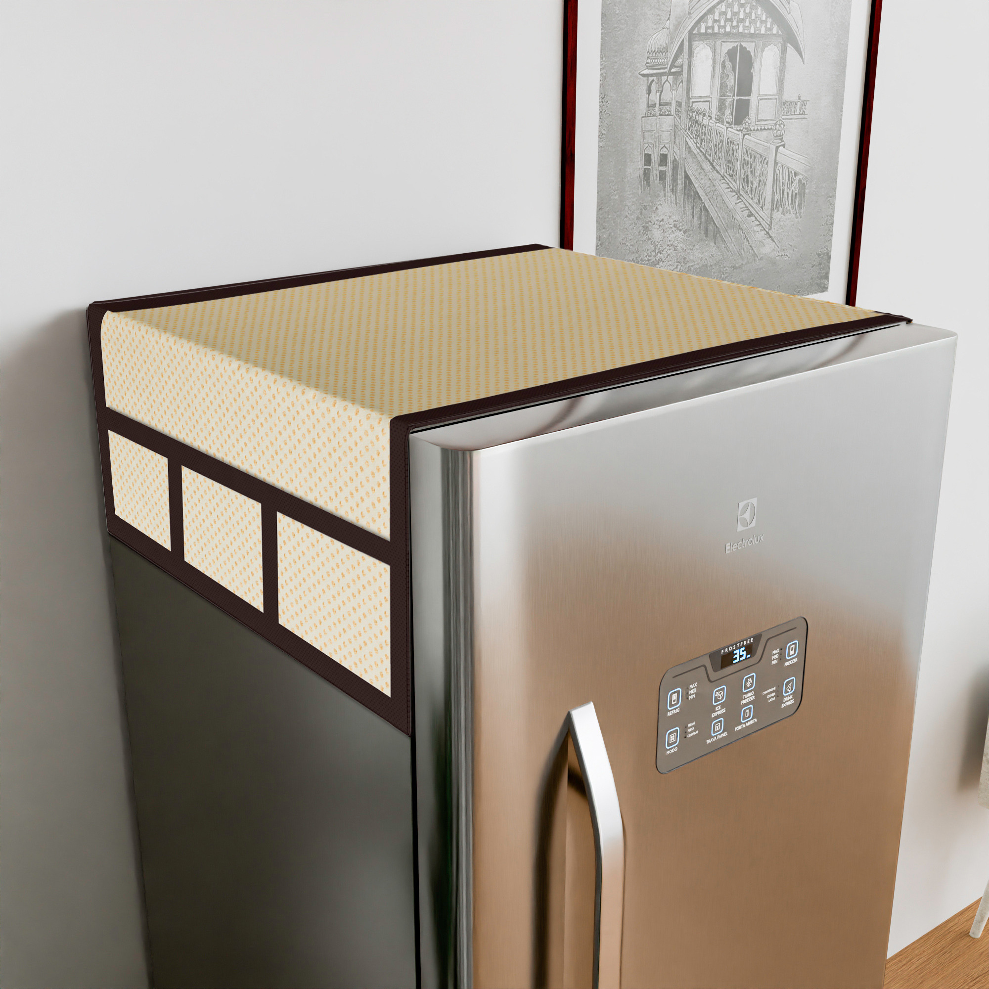 Kuber Industries Fridge Top Cover  Fridge Top Cover with Pockets  Refrigerator Top Cover for Kitchen  Fridge Top Cover with 6 Utility Pockets  Dot Fridge Cover  Golden