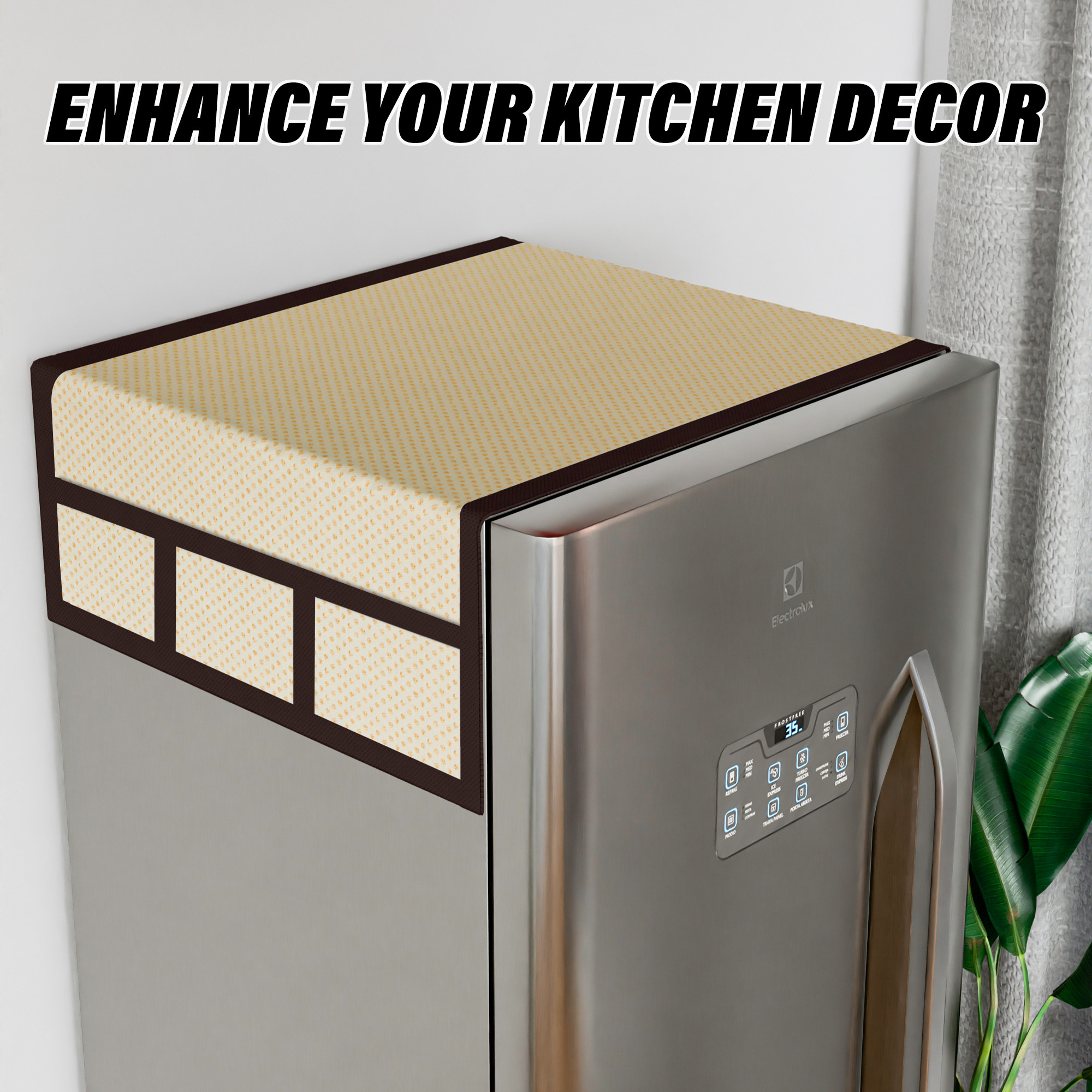 Kuber Industries Fridge Top Cover  Fridge Top Cover with Pockets  Refrigerator Top Cover for Kitchen  Fridge Top Cover with 6 Utility Pockets  Dot Fridge Cover  Golden