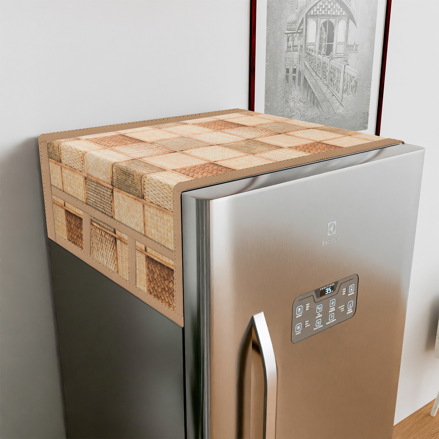 Kuber Industries Fridge Top Cover  Fridge Top Cover with Pockets  Refrigerator Top Cover for Kitchen  Fridge Top Cover with 6 Utility Pockets  Chatai Fridge Top Cover  Brown