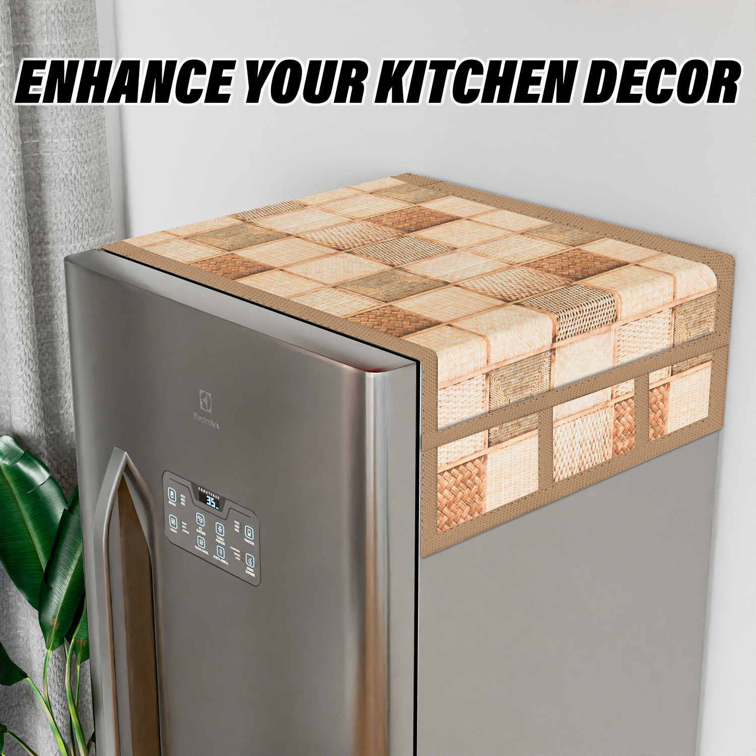 Kuber Industries Fridge Top Cover  Fridge Top Cover with Pockets  Refrigerator Top Cover for Kitchen  Fridge Top Cover with 6 Utility Pockets  Chatai Fridge Top Cover  Brown