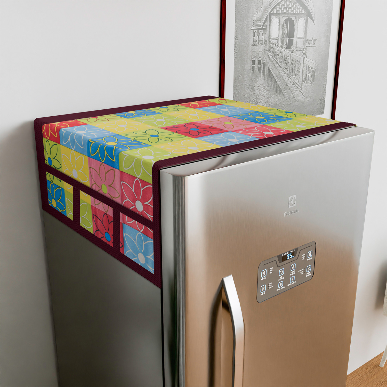 Kuber Industries Fridge Top Cover  Fridge Top Cover with Pockets  Refrigerator Top Cover for Kitchen  Fridge Top Cover with 6 Utility Pockets  Check Fridge Top Cover  Yellow