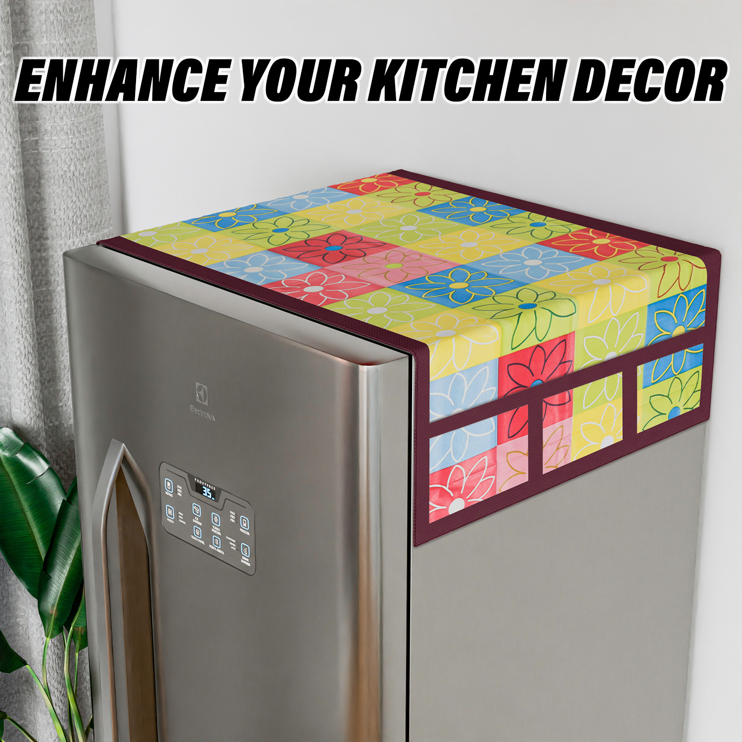 Kuber Industries Fridge Top Cover  Fridge Top Cover with Pockets  Refrigerator Top Cover for Kitchen  Fridge Top Cover with 6 Utility Pockets  Check Fridge Top Cover  Yellow