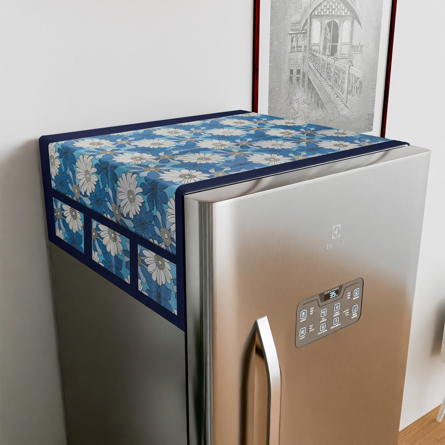 Kuber Industries Fridge Top Cover  Fridge Top Cover with Pockets  Refrigerator Top Cover for Kitchen  Fridge Top Cover with 6 Utility Pockets  White Sunflower Top Cover  Blue