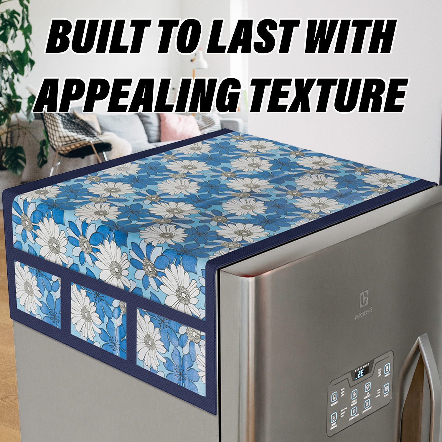 Kuber Industries Fridge Top Cover  Fridge Top Cover with Pockets  Refrigerator Top Cover for Kitchen  Fridge Top Cover with 6 Utility Pockets  White Sunflower Top Cover  Blue