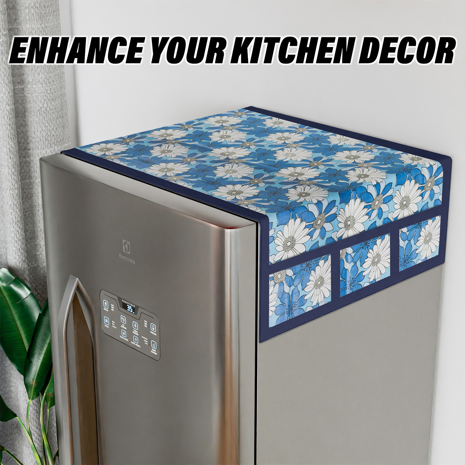 Kuber Industries Fridge Top Cover  Fridge Top Cover with Pockets  Refrigerator Top Cover for Kitchen  Fridge Top Cover with 6 Utility Pockets  White Sunflower Top Cover  Blue