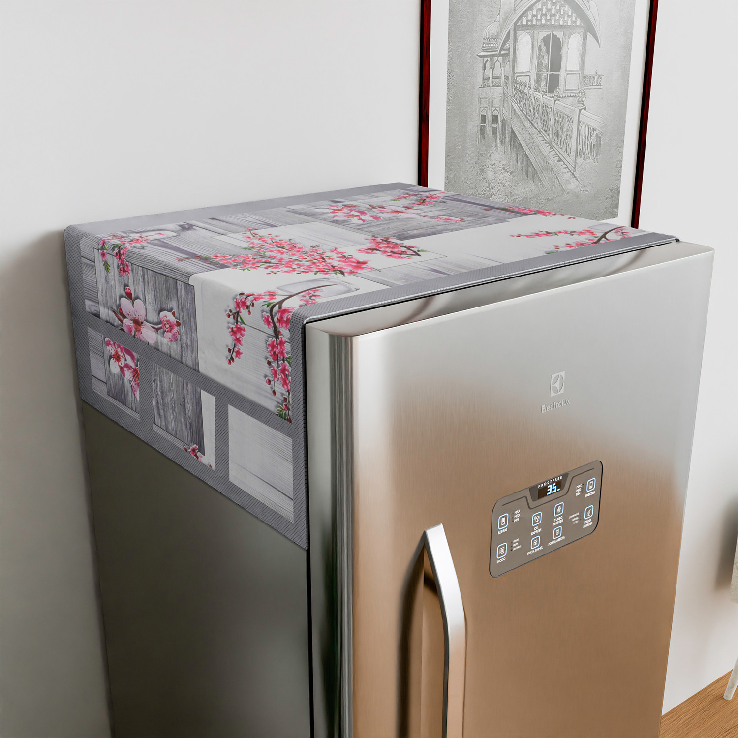 Kuber Industries Fridge Top Cover  Fridge Top Cover with Pockets  Refrigerator Top Cover for Kitchen  Fridge Top Cover with 6 Utility Pockets  Flower Fridge Top Cover  Gray