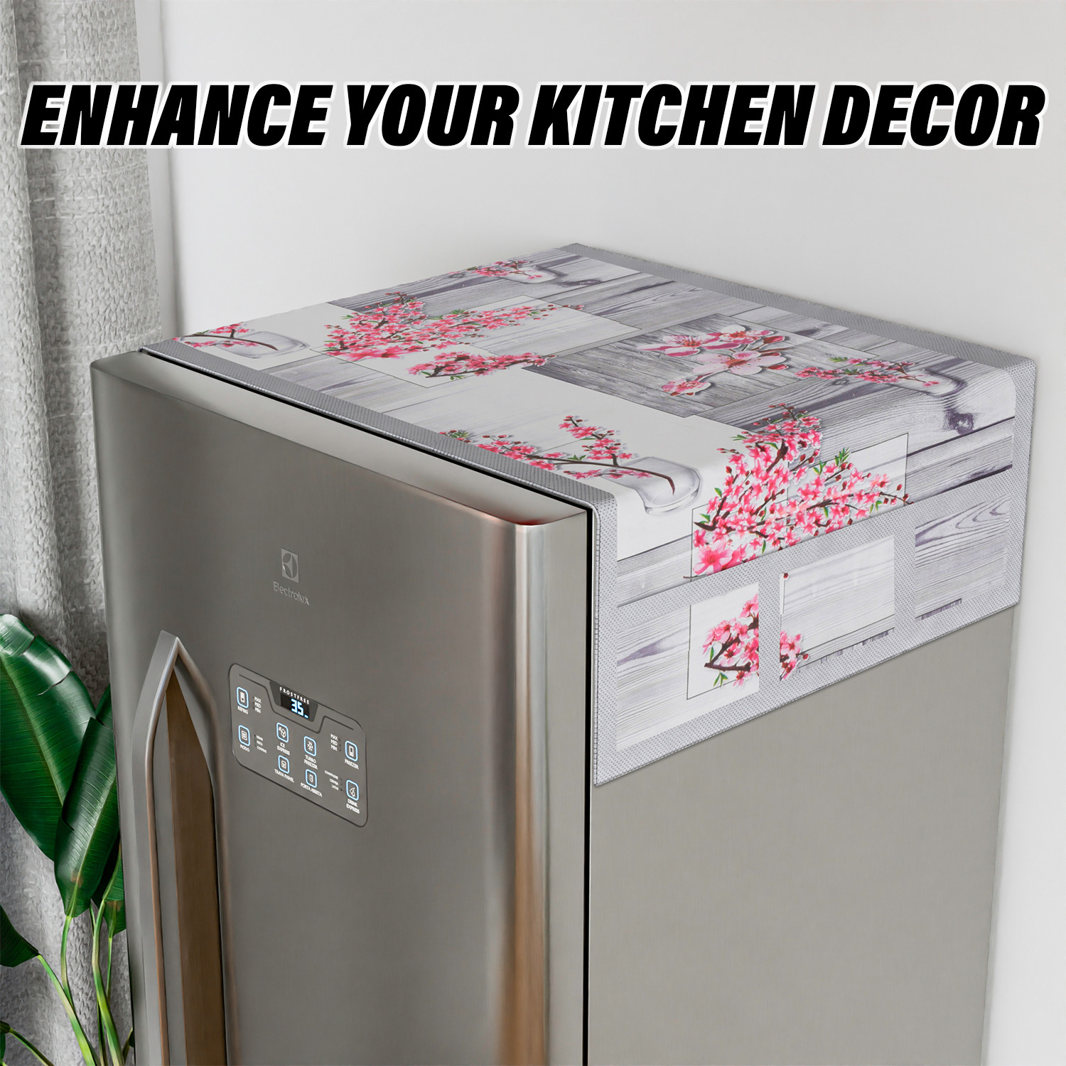 Kuber Industries Fridge Top Cover  Fridge Top Cover with Pockets  Refrigerator Top Cover for Kitchen  Fridge Top Cover with 6 Utility Pockets  Flower Fridge Top Cover  Gray