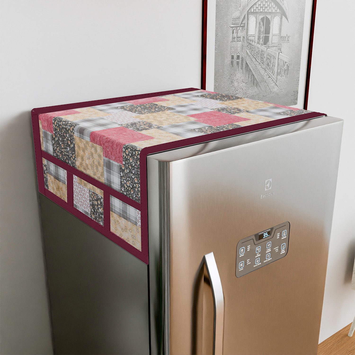 Kuber Industries Fridge Top Cover  Fridge Top Cover with Pockets  Refrigerator Top Cover for Kitchen  Fridge Top Cover with 6 Utility Pockets  Barik Flower Fridge Cover  Maroon