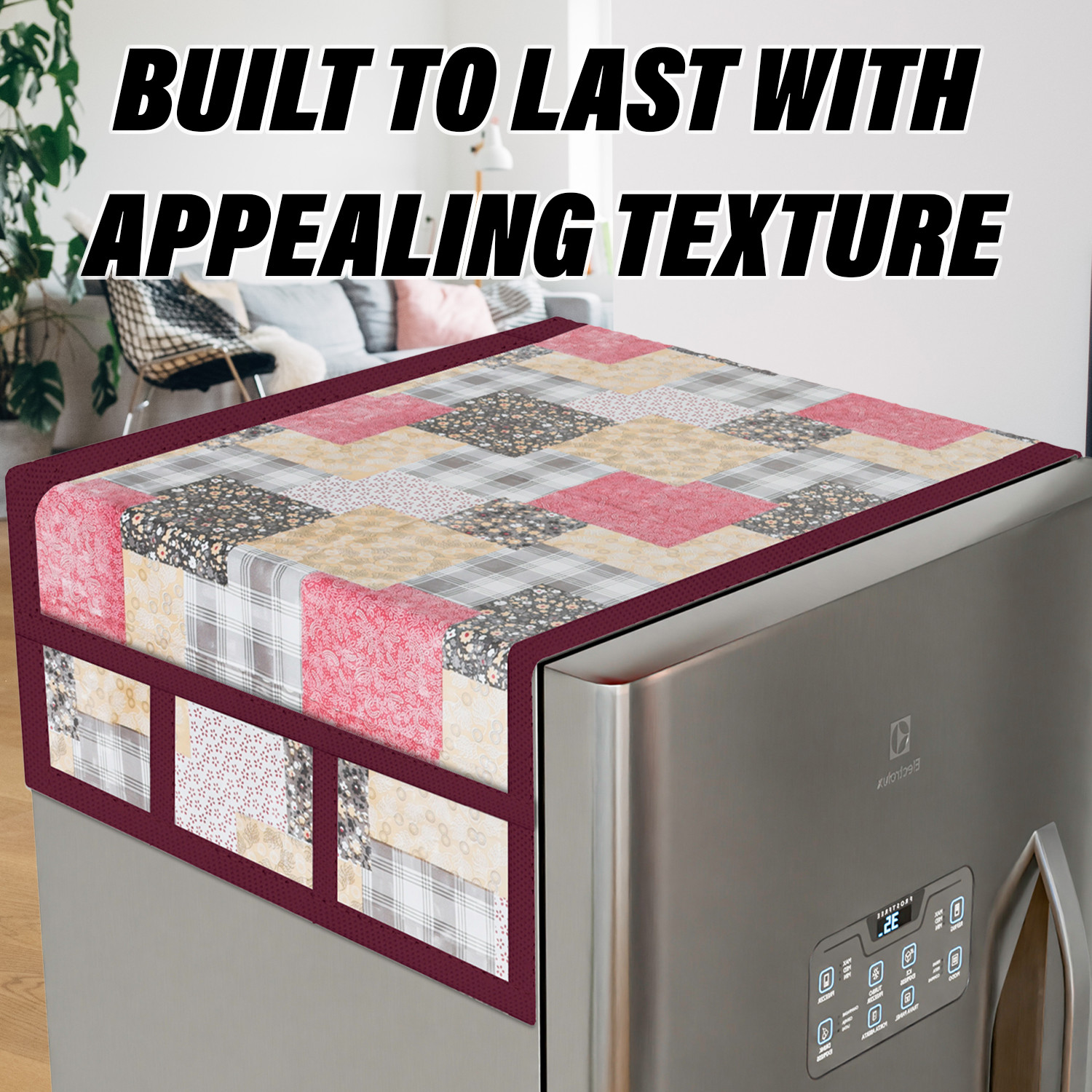 Kuber Industries Fridge Top Cover  Fridge Top Cover with Pockets  Refrigerator Top Cover for Kitchen  Fridge Top Cover with 6 Utility Pockets  Barik Flower Fridge Cover  Maroon