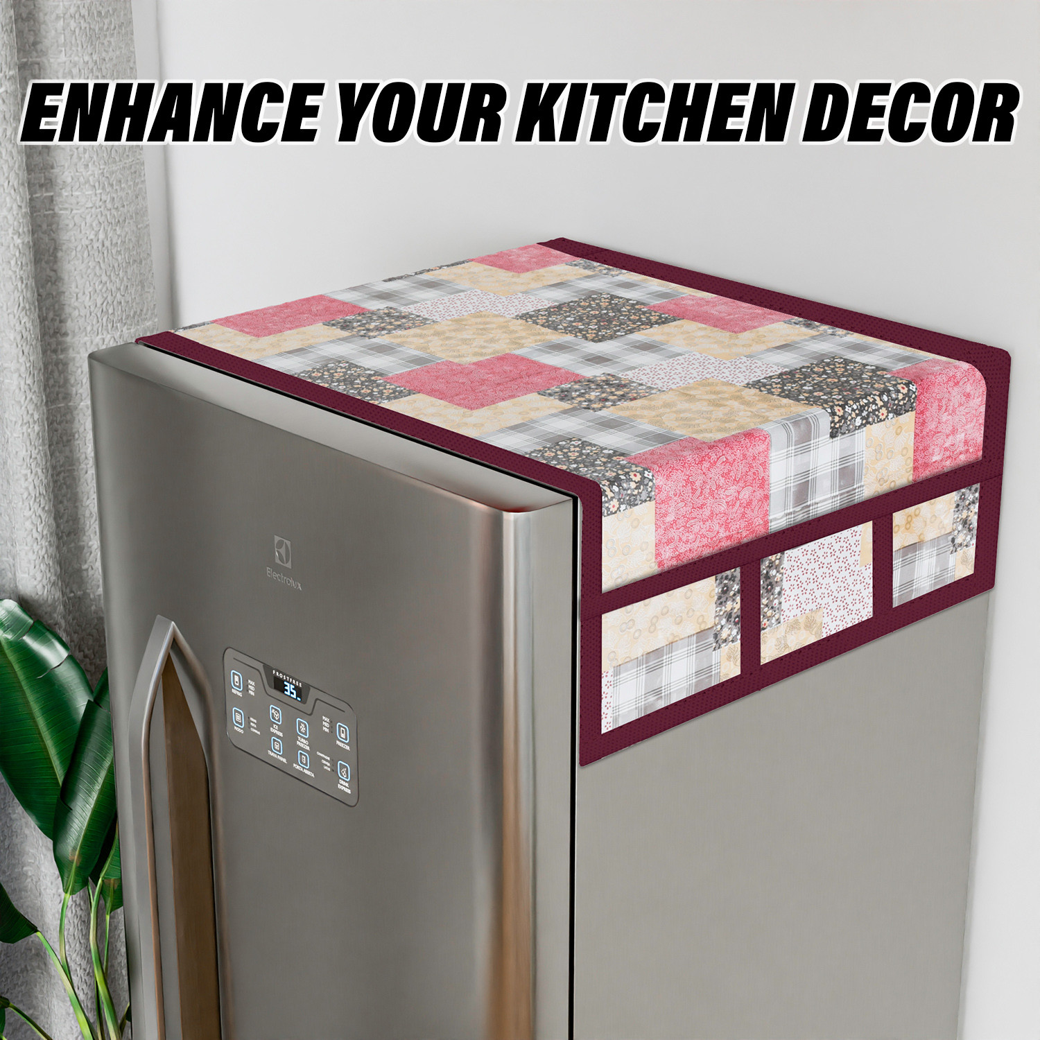 Kuber Industries Fridge Top Cover  Fridge Top Cover with Pockets  Refrigerator Top Cover for Kitchen  Fridge Top Cover with 6 Utility Pockets  Barik Flower Fridge Cover  Maroon
