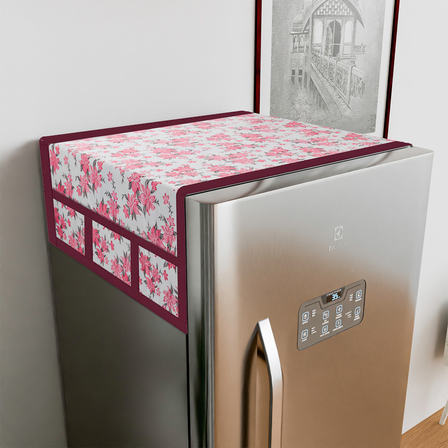 Kuber Industries Fridge Top Cover  Fridge Top Cover with Pockets  Refrigerator Top Cover for Kitchen  Fridge Top Cover with 6 Utility Pockets  Barik Flower Fridge Cover  Pink