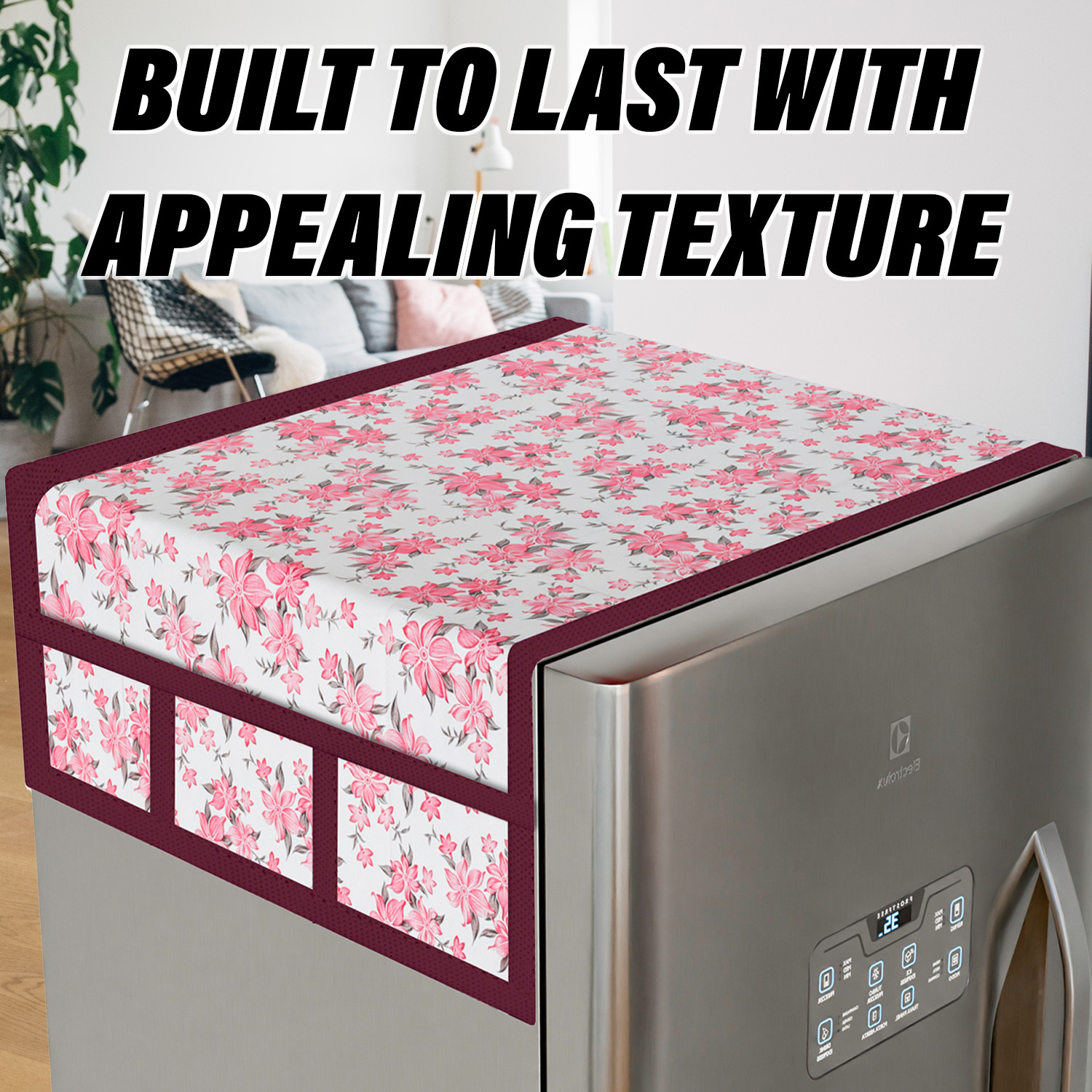 Kuber Industries Fridge Top Cover  Fridge Top Cover with Pockets  Refrigerator Top Cover for Kitchen  Fridge Top Cover with 6 Utility Pockets  Barik Flower Fridge Cover  Pink