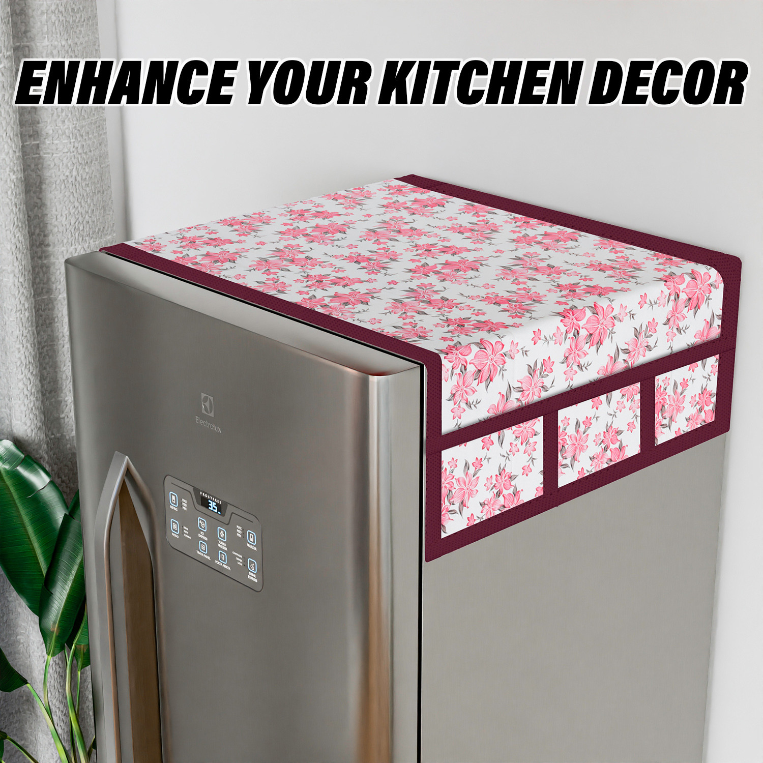 Kuber Industries Fridge Top Cover  Fridge Top Cover with Pockets  Refrigerator Top Cover for Kitchen  Fridge Top Cover with 6 Utility Pockets  Barik Flower Fridge Cover  Pink