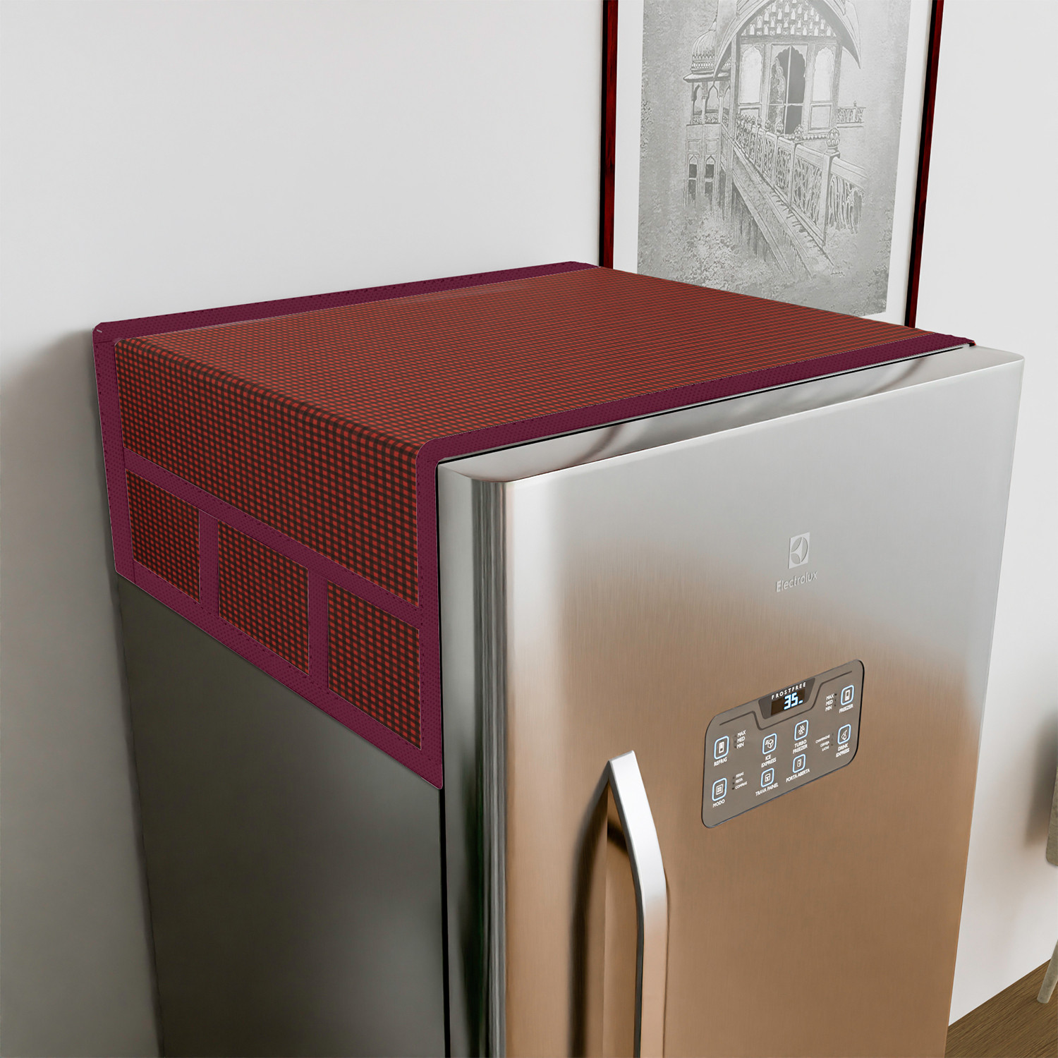 Kuber Industries Fridge Top Cover  Fridge Top Cover with Pockets  Refrigerator Top Cover for Kitchen  Fridge Top Cover with 6 Utility Pockets  Barik Check Fridge Cover  Maroon