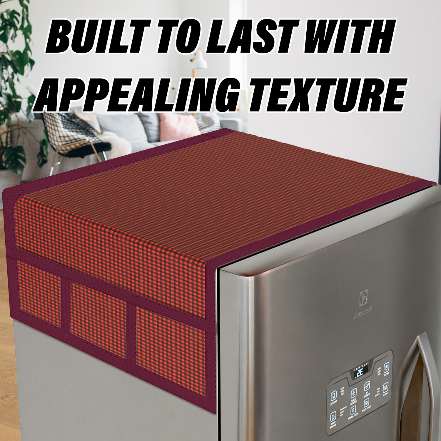 Kuber Industries Fridge Top Cover  Fridge Top Cover with Pockets  Refrigerator Top Cover for Kitchen  Fridge Top Cover with 6 Utility Pockets  Barik Check Fridge Cover  Maroon