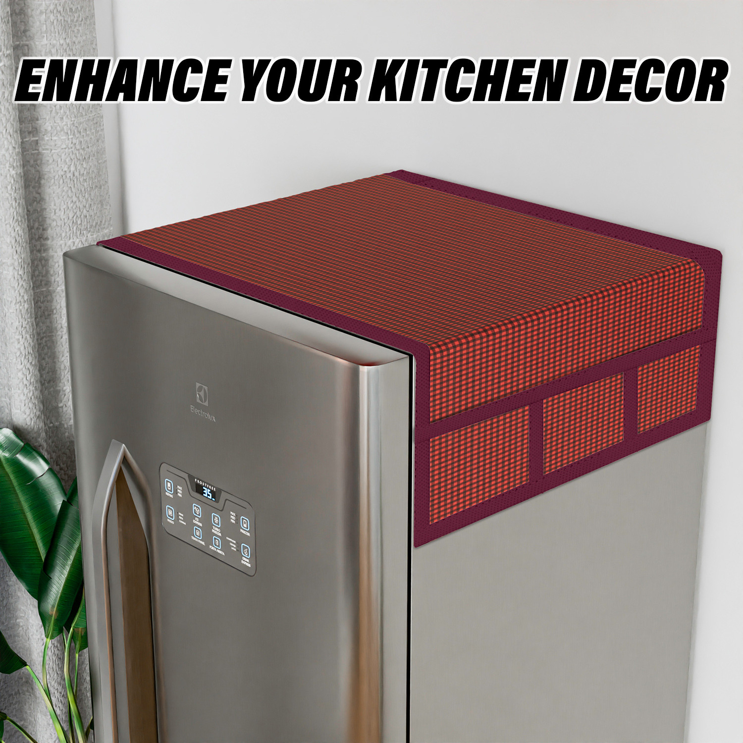 Kuber Industries Fridge Top Cover  Fridge Top Cover with Pockets  Refrigerator Top Cover for Kitchen  Fridge Top Cover with 6 Utility Pockets  Barik Check Fridge Cover  Maroon