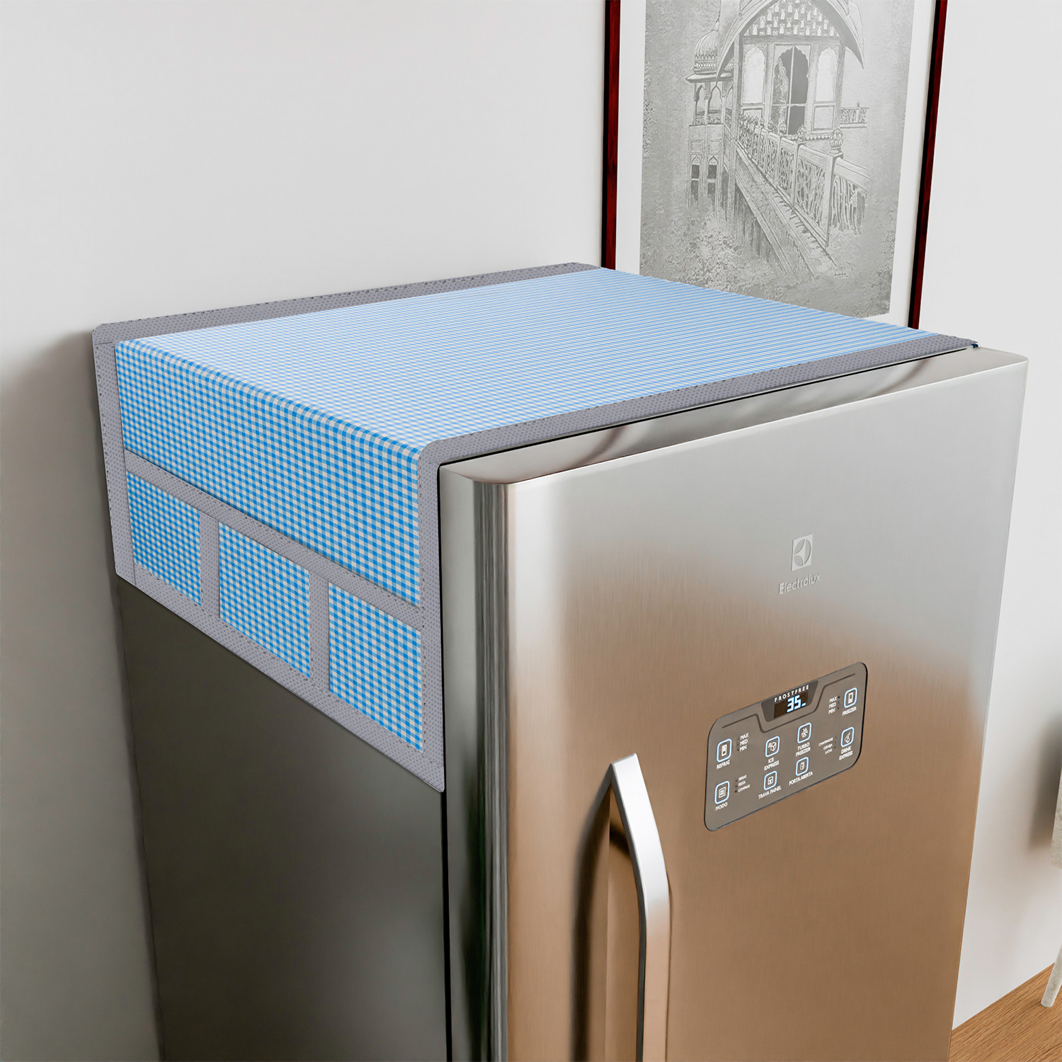 Kuber Industries Fridge Top Cover  Fridge Top Cover with Pockets  Refrigerator Top Cover for Kitchen  Fridge Top Cover with 6 Utility Pockets  Barik Check Fridge Cover  Blue