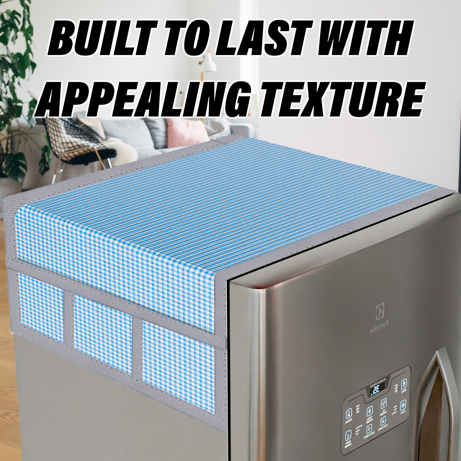 Kuber Industries Fridge Top Cover  Fridge Top Cover with Pockets  Refrigerator Top Cover for Kitchen  Fridge Top Cover with 6 Utility Pockets  Barik Check Fridge Cover  Blue