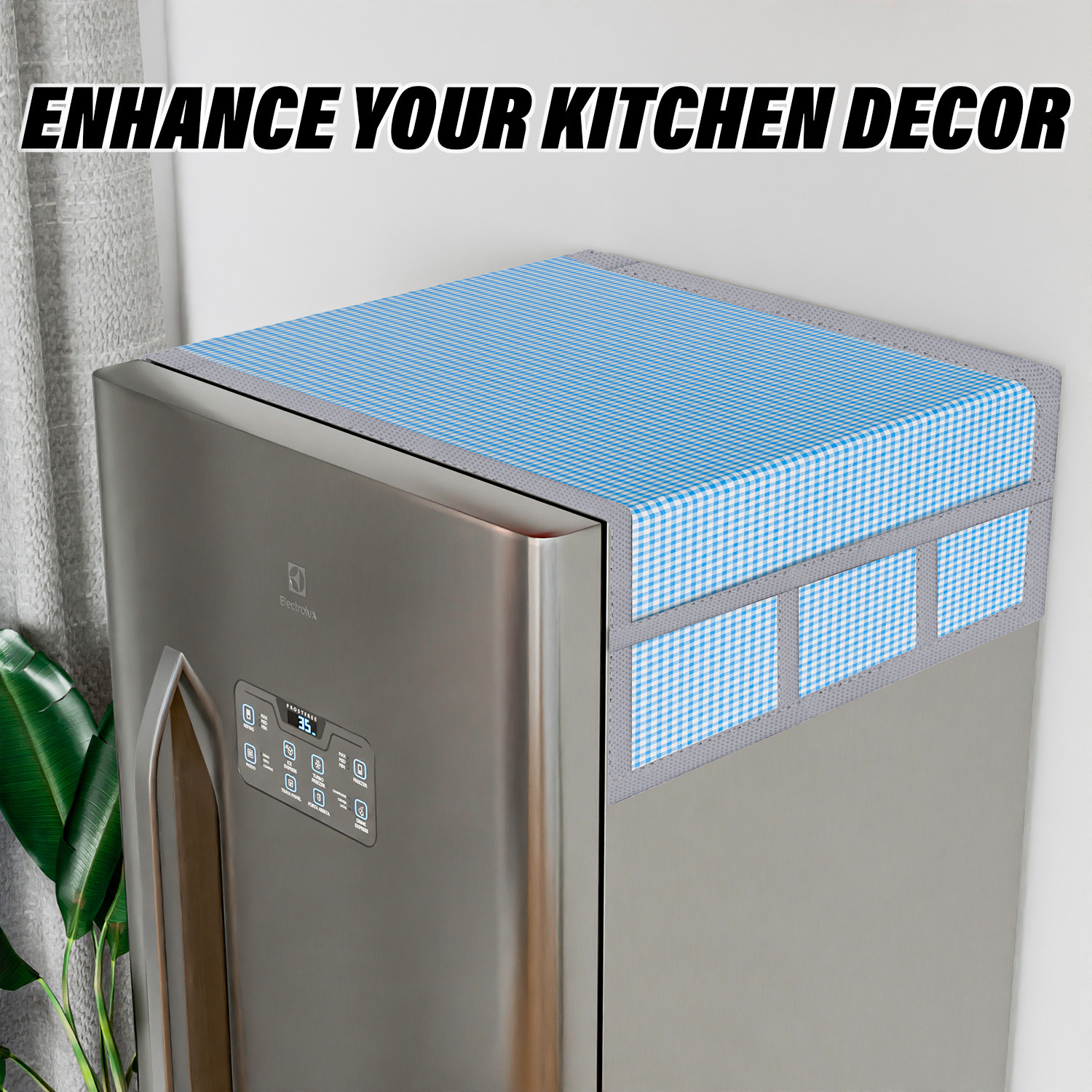 Kuber Industries Fridge Top Cover  Fridge Top Cover with Pockets  Refrigerator Top Cover for Kitchen  Fridge Top Cover with 6 Utility Pockets  Barik Check Fridge Cover  Blue