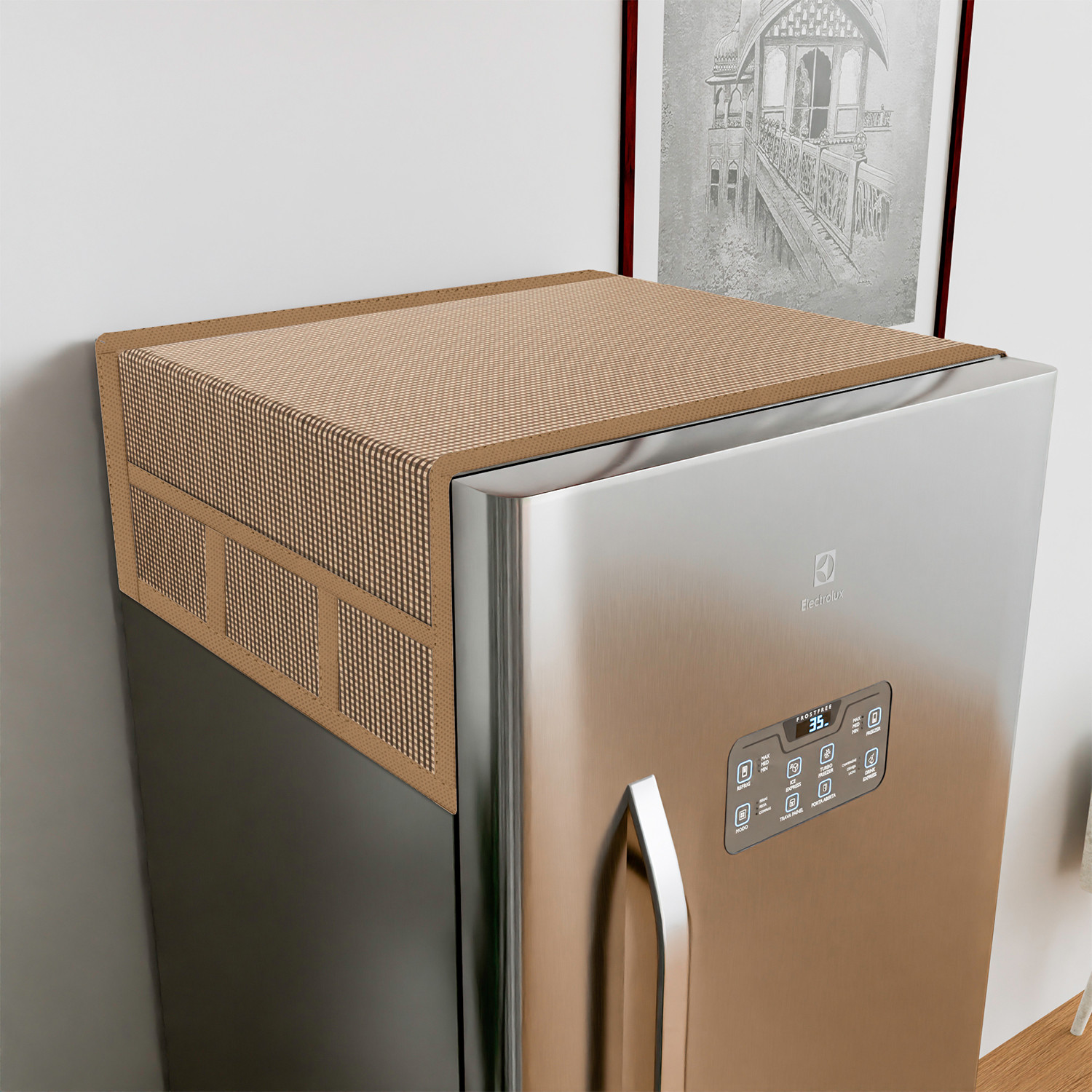 Kuber Industries Fridge Top Cover  Fridge Top Cover with Pockets  Refrigerator Top Cover for Kitchen  Fridge Top Cover with 6 Utility Pockets  Barik Check Fridge Cover  Brown
