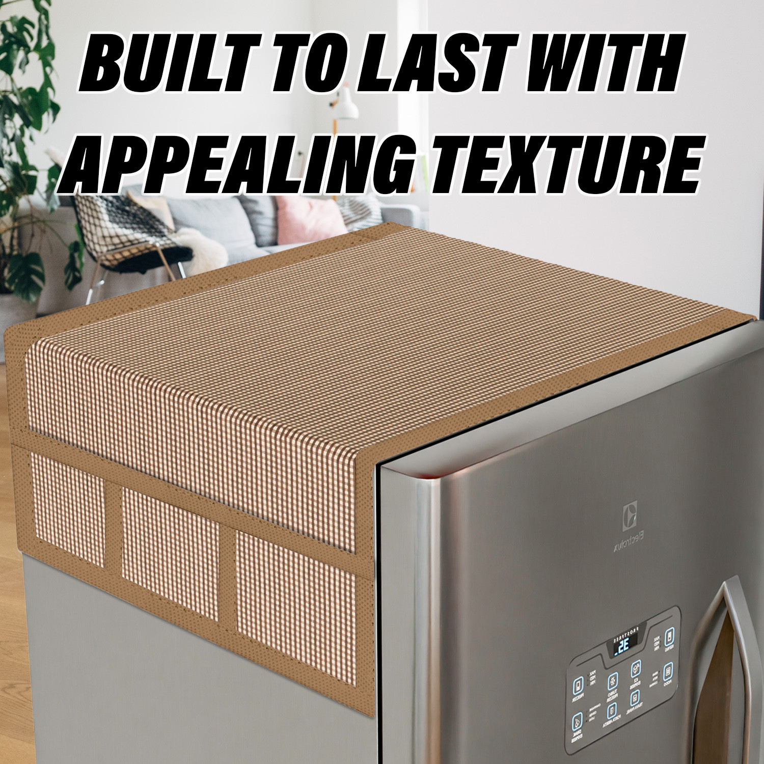 Kuber Industries Fridge Top Cover  Fridge Top Cover with Pockets  Refrigerator Top Cover for Kitchen  Fridge Top Cover with 6 Utility Pockets  Barik Check Fridge Cover  Brown