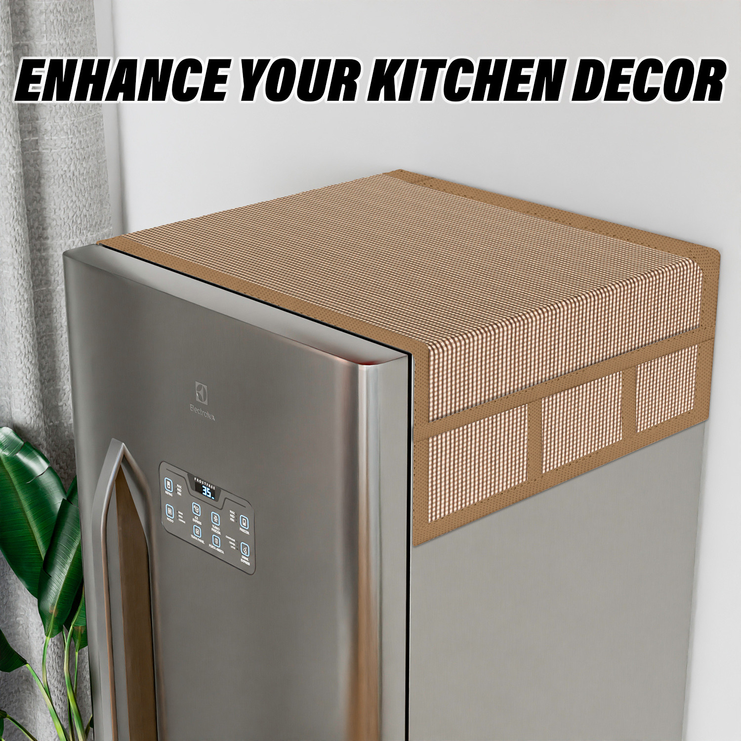 Kuber Industries Fridge Top Cover  Fridge Top Cover with Pockets  Refrigerator Top Cover for Kitchen  Fridge Top Cover with 6 Utility Pockets  Barik Check Fridge Cover  Brown